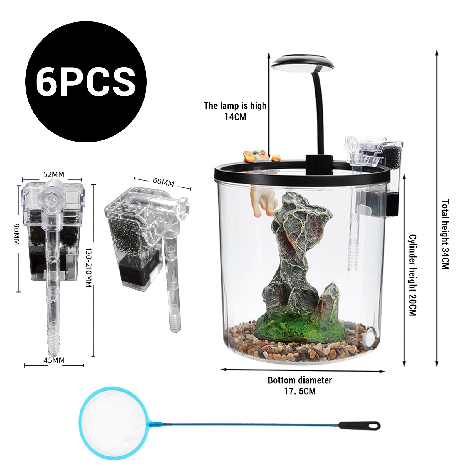 Garvee Mini Desktop Fish Tank Kit – 1.5/2.3/2.5 Gallon Plastic Aquarium Starter Set with Silent Filter, LED Light & Oxygen Generator – Ideal Betta & Goldfish Tank for Home/Office – Black (Round Desktop Landscape Tank Deluxe Edition)
