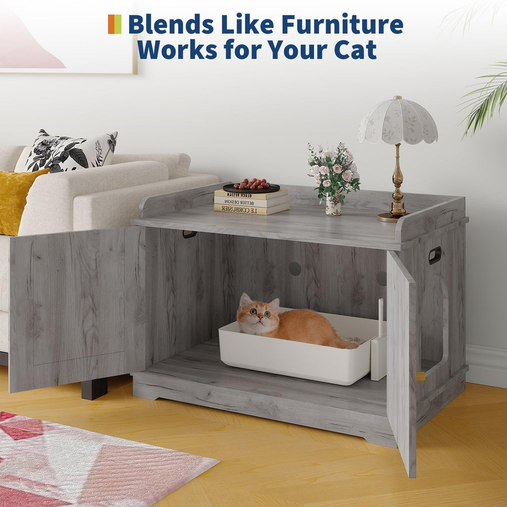 Garvee 31.5" Cat Litter Box Enclosure Furniture with Barn Door & Display Shelf, Wooden Hidden Litter Box Cover, Dog-Proof Design for Multiple Cats, Smooth Surface & Quick Clean-Up, Gray