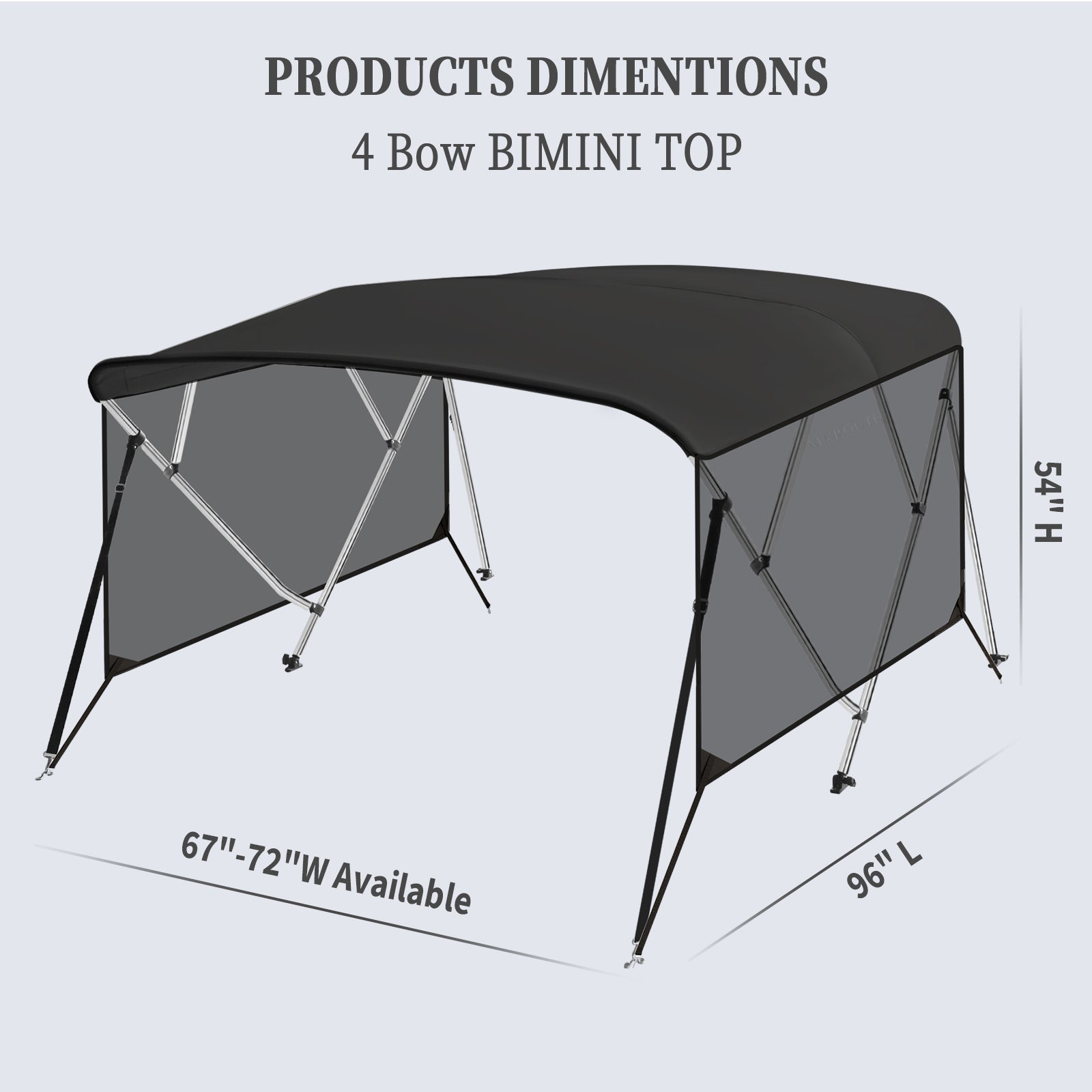Garvee 4 Bow Bimini Top for Boats – Marine-Grade 600D PU-Coated Canvas, Translucent Side Curtains, 1" Aluminum Frame, Zippered Side Panels, Straps, Rear Support Poles – Black – Size: 8'L x 54"H x 67"-72"W – Black (translucent side curtain version)