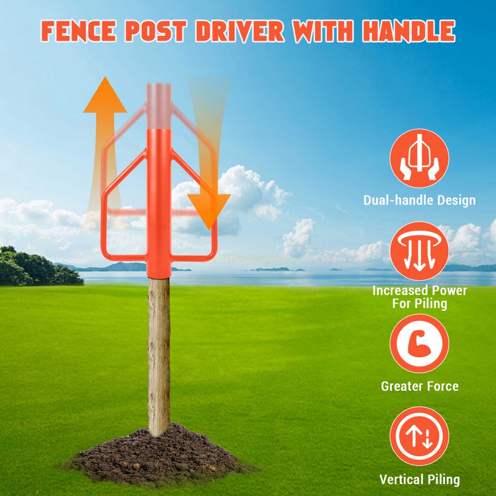 Garvee 8 LB Heavy Duty T-Post Driver - Manual Fence Post Pounder Hammer with Dual Handles for Installing T-Posts, Metal Stakes, Signposts, and Ground Rods, High-Visibility Orange