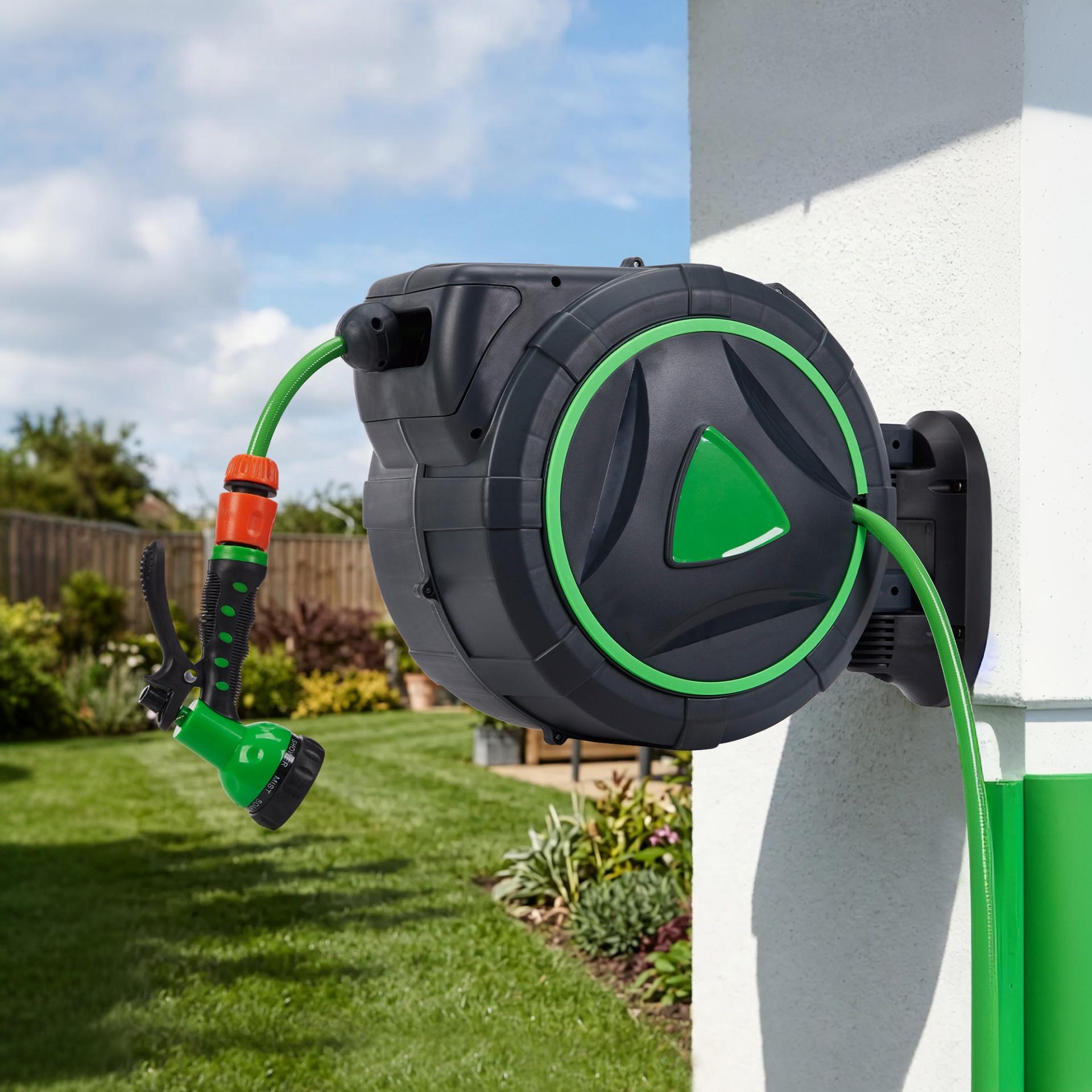 Garvee 5/8" x 90 FT Retractable Garden Hose Reel, Wall-Mounted Auto Rewind Hose Reel with 180° Swivel Bracket, Kink-Free Hose for Lawn, Garden & Car Washing