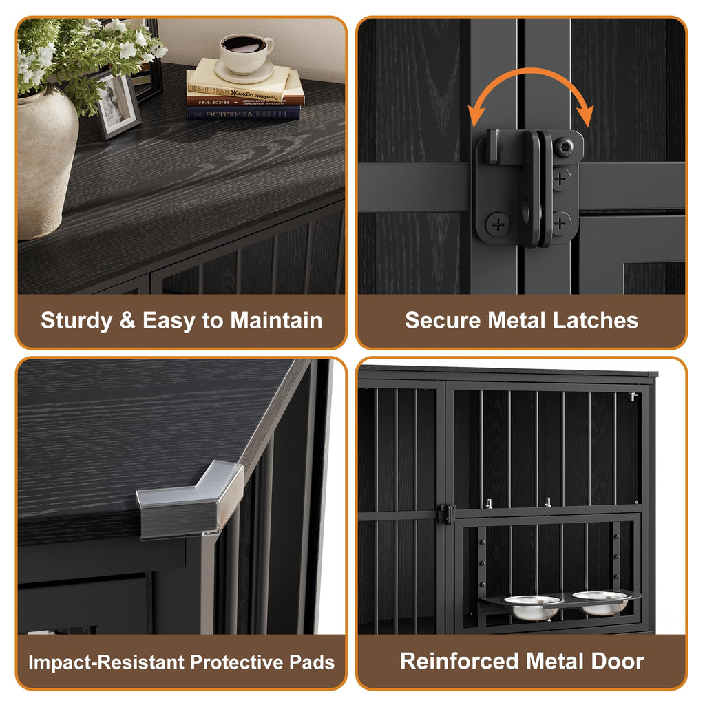 Garvee Space-Saving Corner Dog Crate Furniture – Wooden Indoor Kennel End Table with 360° Rotating Door, Stainless Steel Feeding Bowls, Decorative Design for Small Breeds, Black Relief + Black Iron Frame