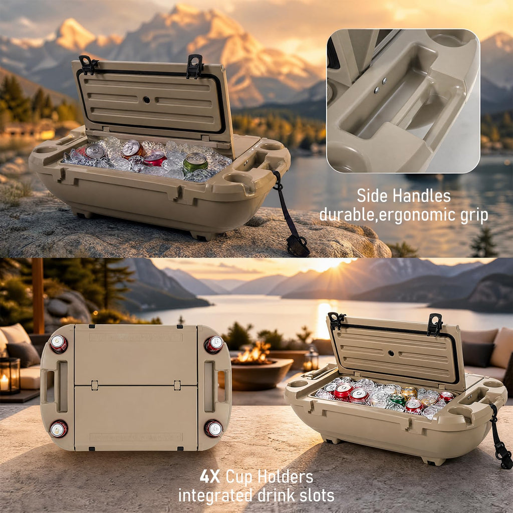 Garvee 40L Floating Cooler for River, Lake & Pool, 42.5QT Rotomolded LLDPE Ice Chest with Tow Rope & 4 Cup Holders, Heavy-Duty Drift Marine Beverage Cooler for Kayak, Boating, Camping, Khaki