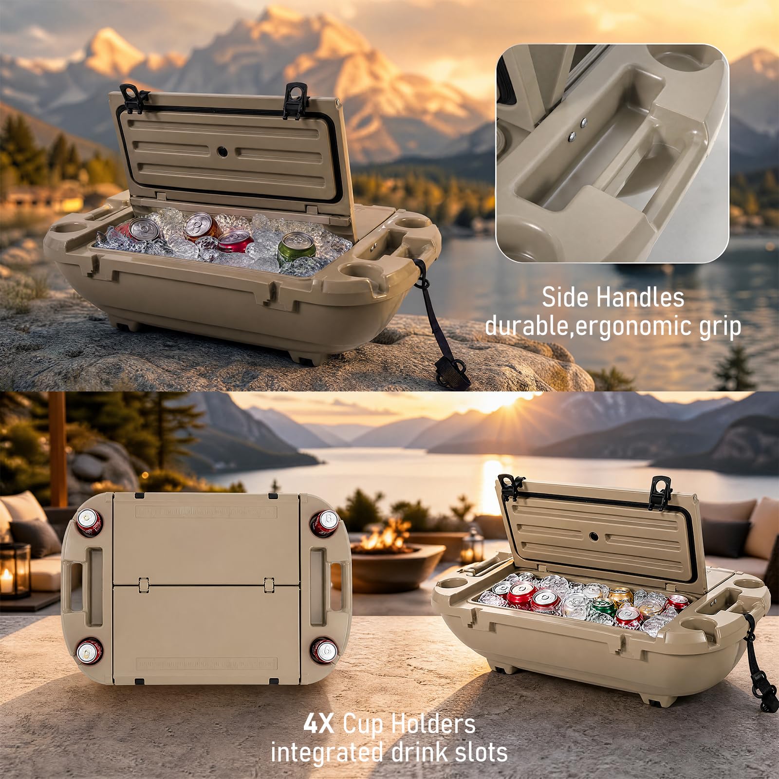 Garvee 40L Floating Cooler for River, Lake & Pool, 42.5QT Rotomolded LLDPE Ice Chest with Tow Rope & 4 Cup Holders, Heavy-Duty Drift Marine Beverage Cooler for Kayak, Boating, Camping, Khaki