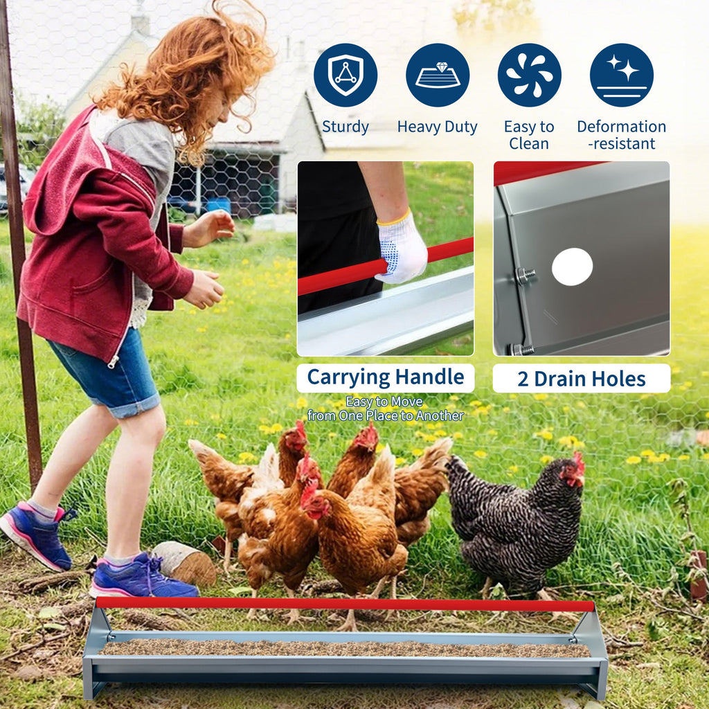 Garvee Large Capacity Galvanized Steel Poultry Feeder Trough – Heavy Duty Metal Construction with Crossbar & Drainage Holes, Easy to Clean, Weatherproof for Chickens, Ducks, Geese, Turkeys, Rabbits, Pigeons, Automatic Feed – Red Gauge (RAL2002)