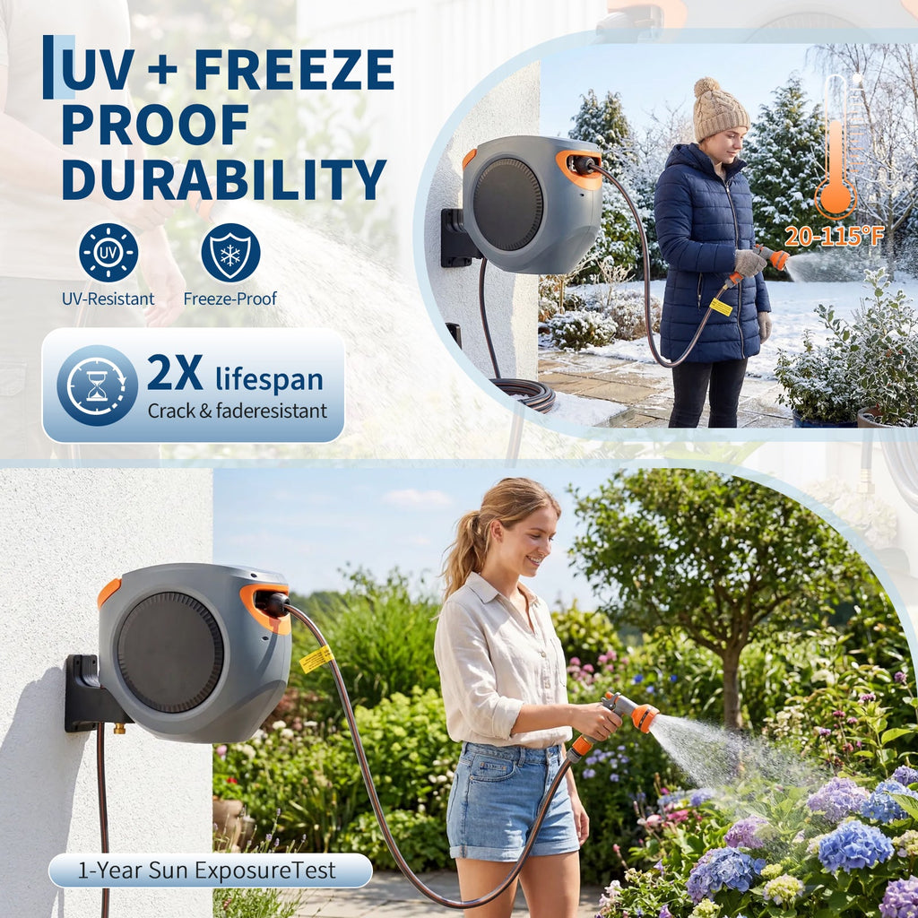 Garvee Retractable Garden Hose Reel, 5/8 in x 100 ft Wall Mount Water Hose Reel with 9-Pattern Nozzle, Any-Length Lock & Auto Rewind, Gray
