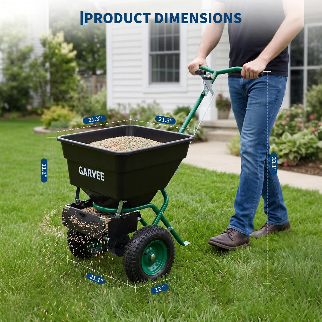 Garvee 100 lb Push Broadcast Spreader with 12' Spread Width, Adjustable Drop Rate, 10" Pneumatic Tires, Rain Cover & Gloves for Seed, Fertilizer, Salt and Ice Melt, Black & Dark Green