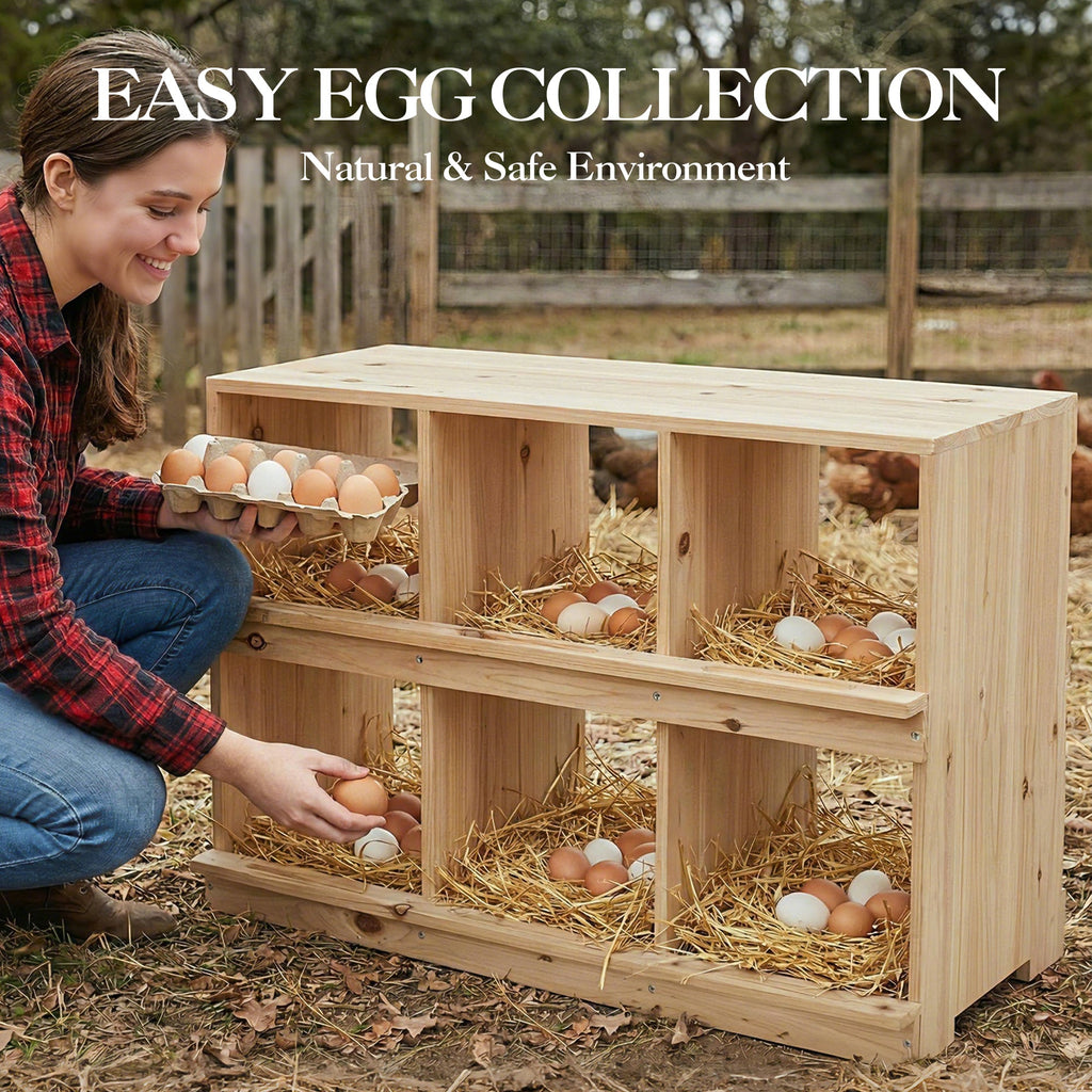 Garvee Double-Tier Wooden Chicken Nesting Box – Wall-Mounted or Floor-Standing, Six Compartments, Roll-Away Egg Collection, Perch, Sun-Resistant for Backyard Poultry Coops and Farms, 6-Compartment Double Layer