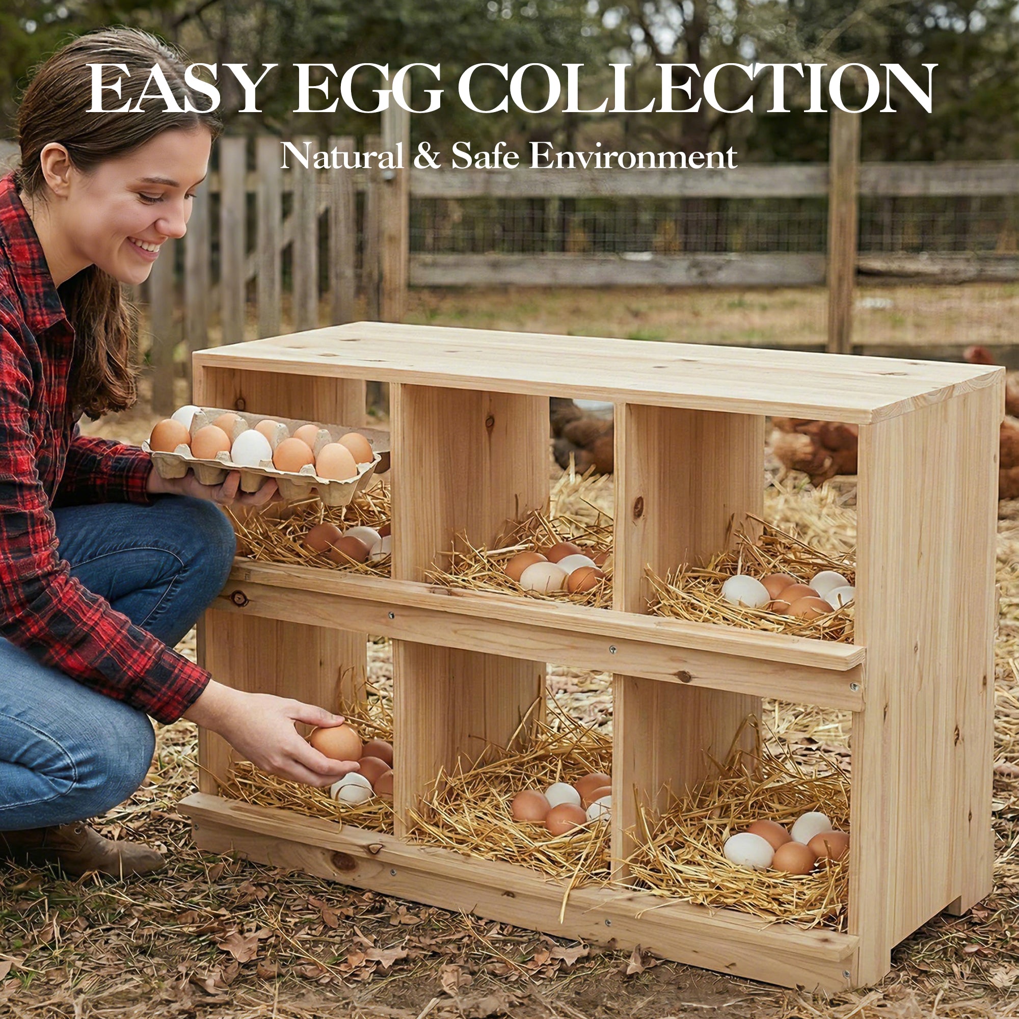 Garvee Double-Tier Wooden Chicken Nesting Box – Wall-Mounted or Floor-Standing, Six Compartments, Roll-Away Egg Collection, Perch, Sun-Resistant for Backyard Poultry Coops and Farms, 6-Compartment Double Layer