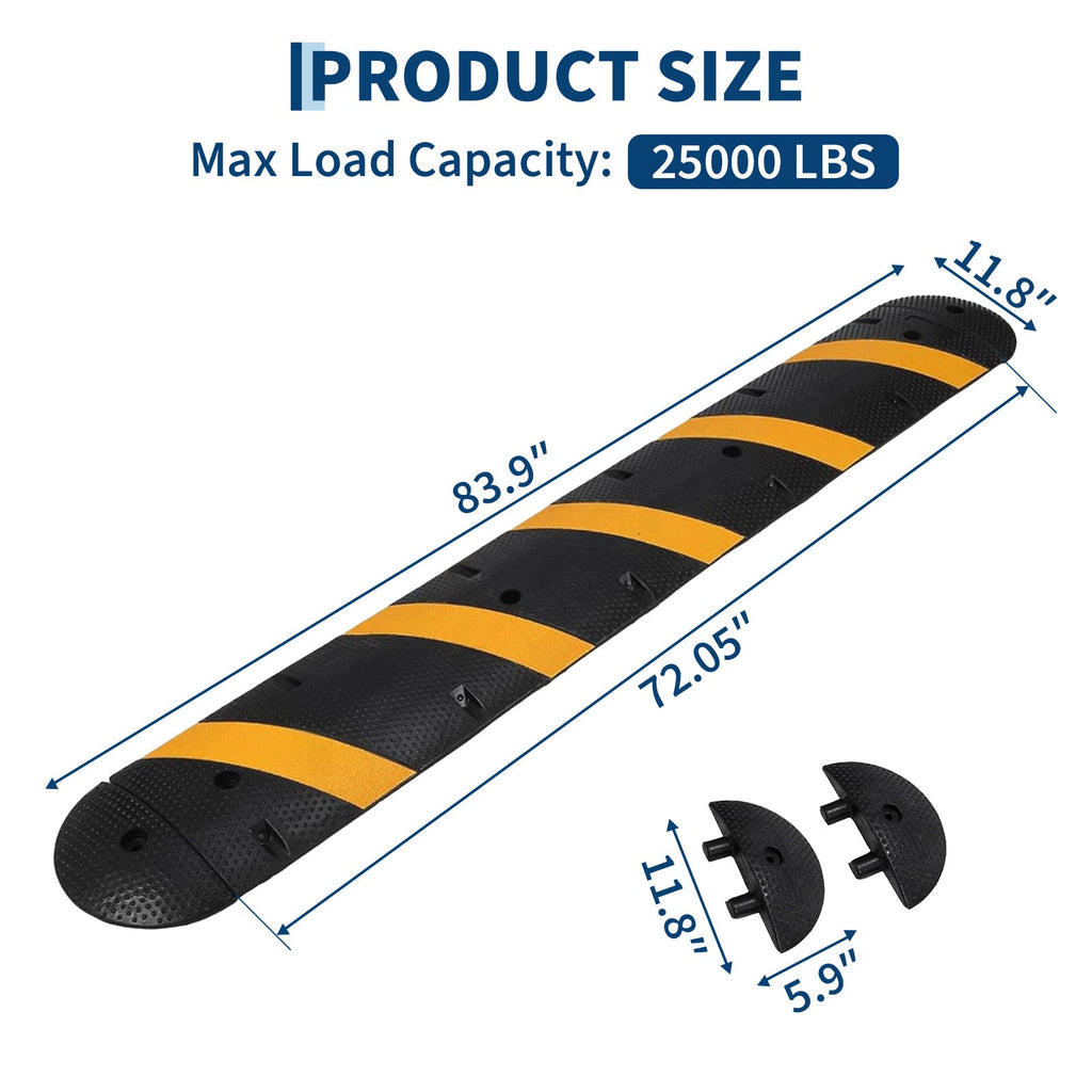 Garvee Heavy Duty Rubber Speed Bump 72" with Reflective Stripes & End Caps, 25000 LBS Capacity for Driveway, Garage & Road Safety