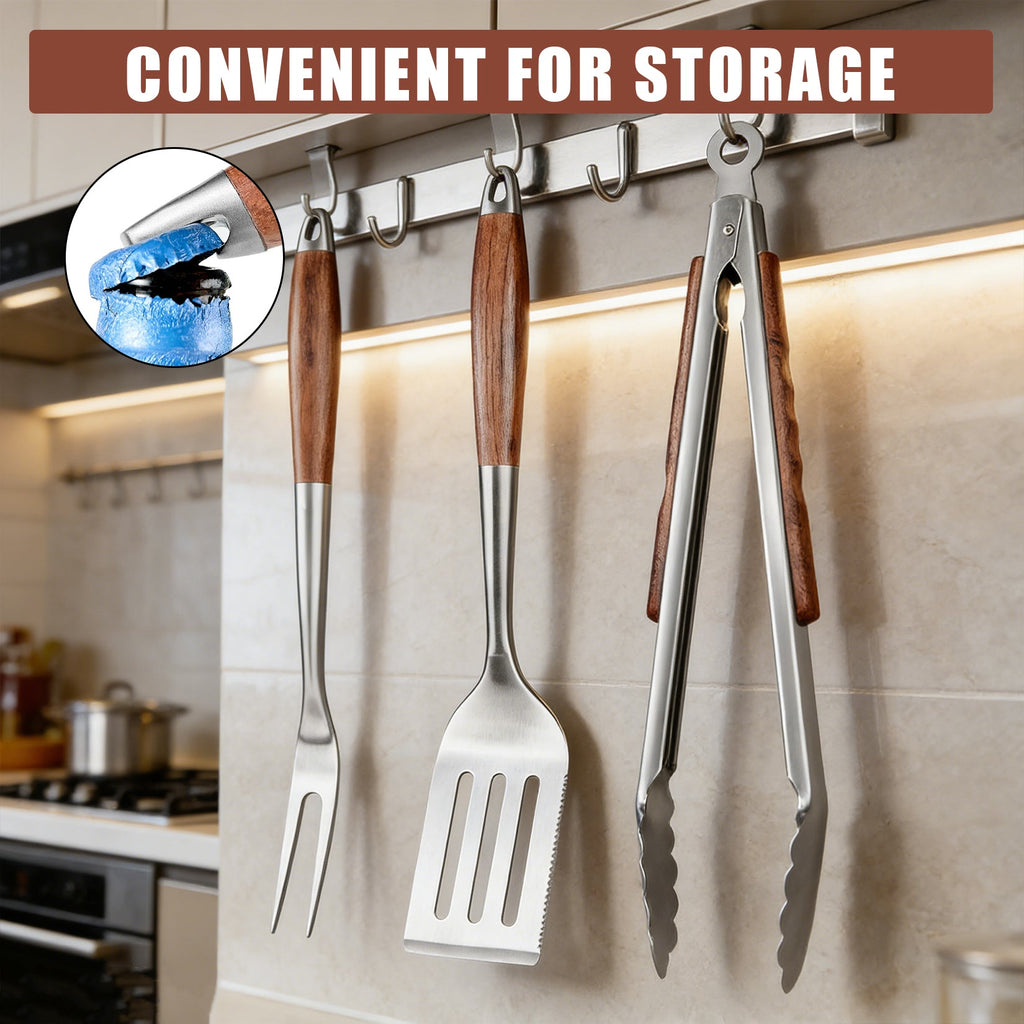 Garvee Heavy Duty Stainless Steel BBQ Grill Tool Set, 3-Piece with Heat Resistant Pear Wood Handles – Slotted Serrated Spatula, Meat Fork, Locking Tongs – Non-Slip Outdoor Grill Accessories for Barbecue, Camping – Color: Pear wood