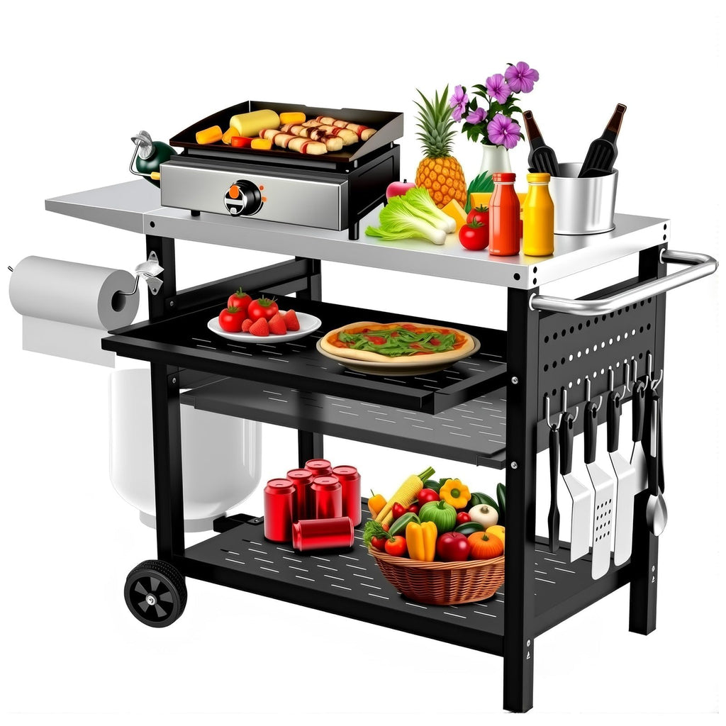 Garvee Stainless Steel Outdoor Picnic Table with 3 Shelves & Pegboard, Adjustable Drawer, Rust-Resistant Steel, Mobile Grill Cart with Wheels & Handles for Garden BBQ