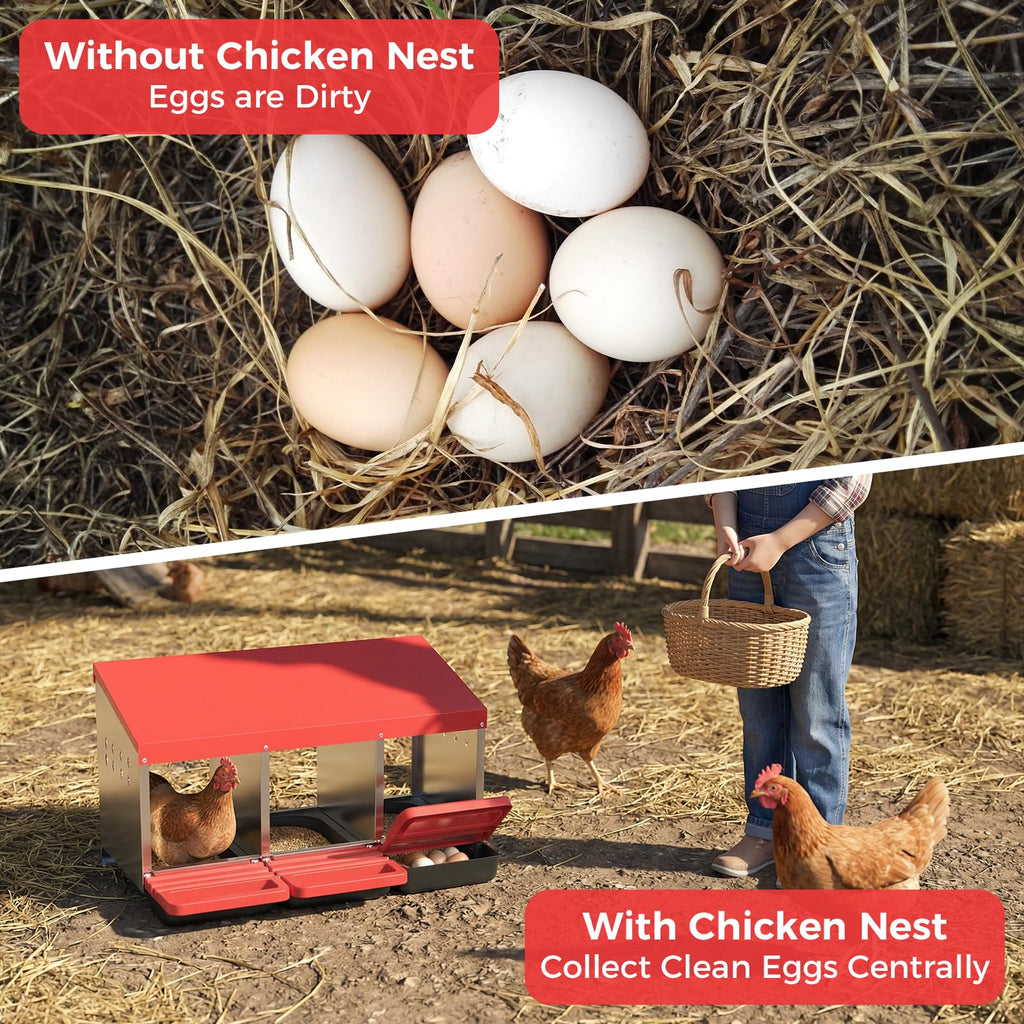 Garvee 3-Hole Metal Chicken Nesting Box, Roll Away Poultry Laying Box with Sloped Roof, 31.5"x20.5"x16.9", Red