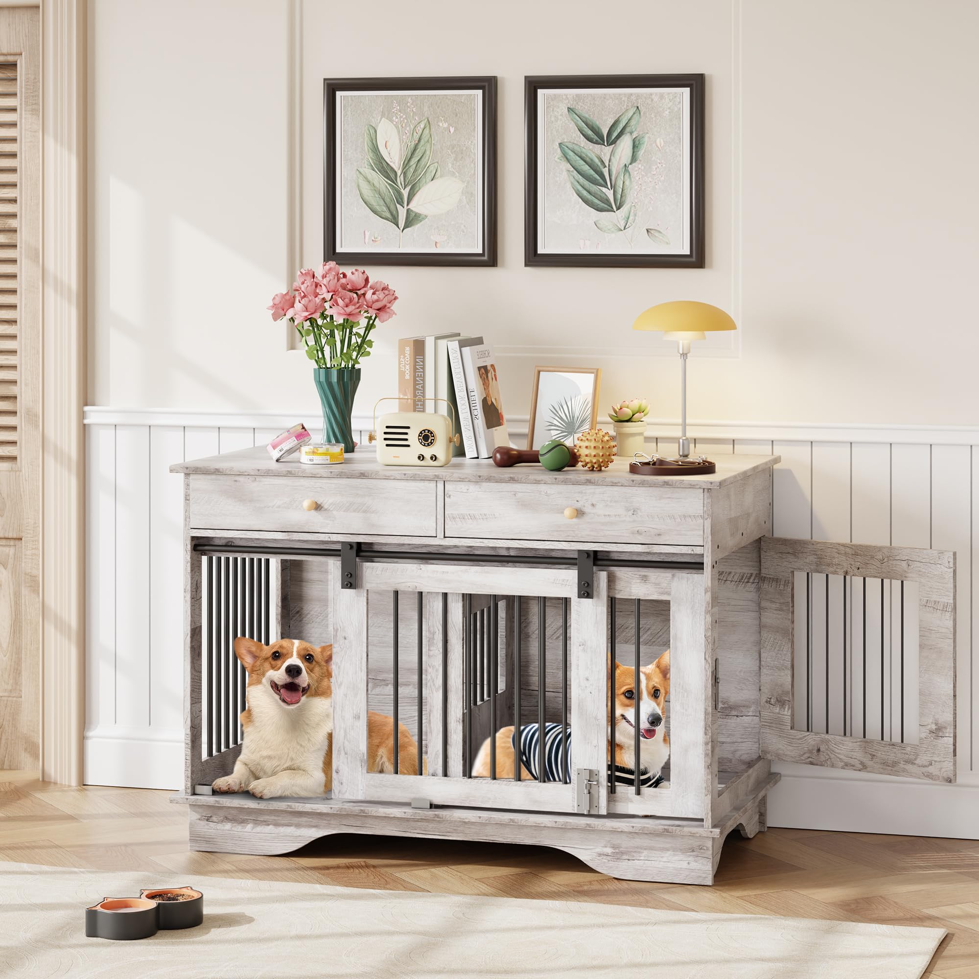 Garvee Dog Crate Furniture for 2 Dogs, 47" Double Dog Kennel with Removable Divider and 2 Drawers, Decorative TV Stand Side Table, Indoor Pet Cage for Large/Medium/Small Dogs, Gray