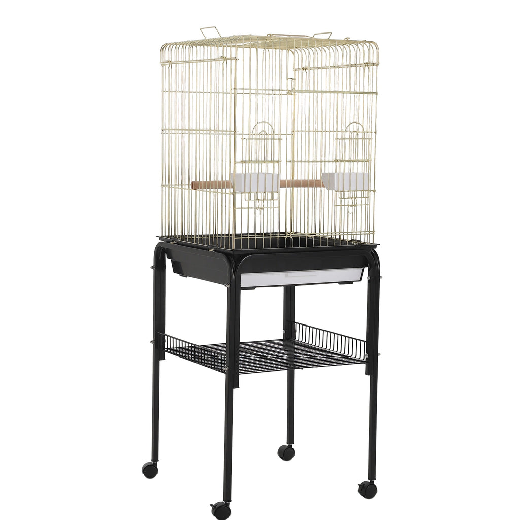 Garvee Large Open-Top Bird Cage with Rolling Stand – Removable Tray, Extra Storage, Breakable Casters, Indoor/Outdoor Use – Black Frame Gold Cage Body, Model 1038+10#