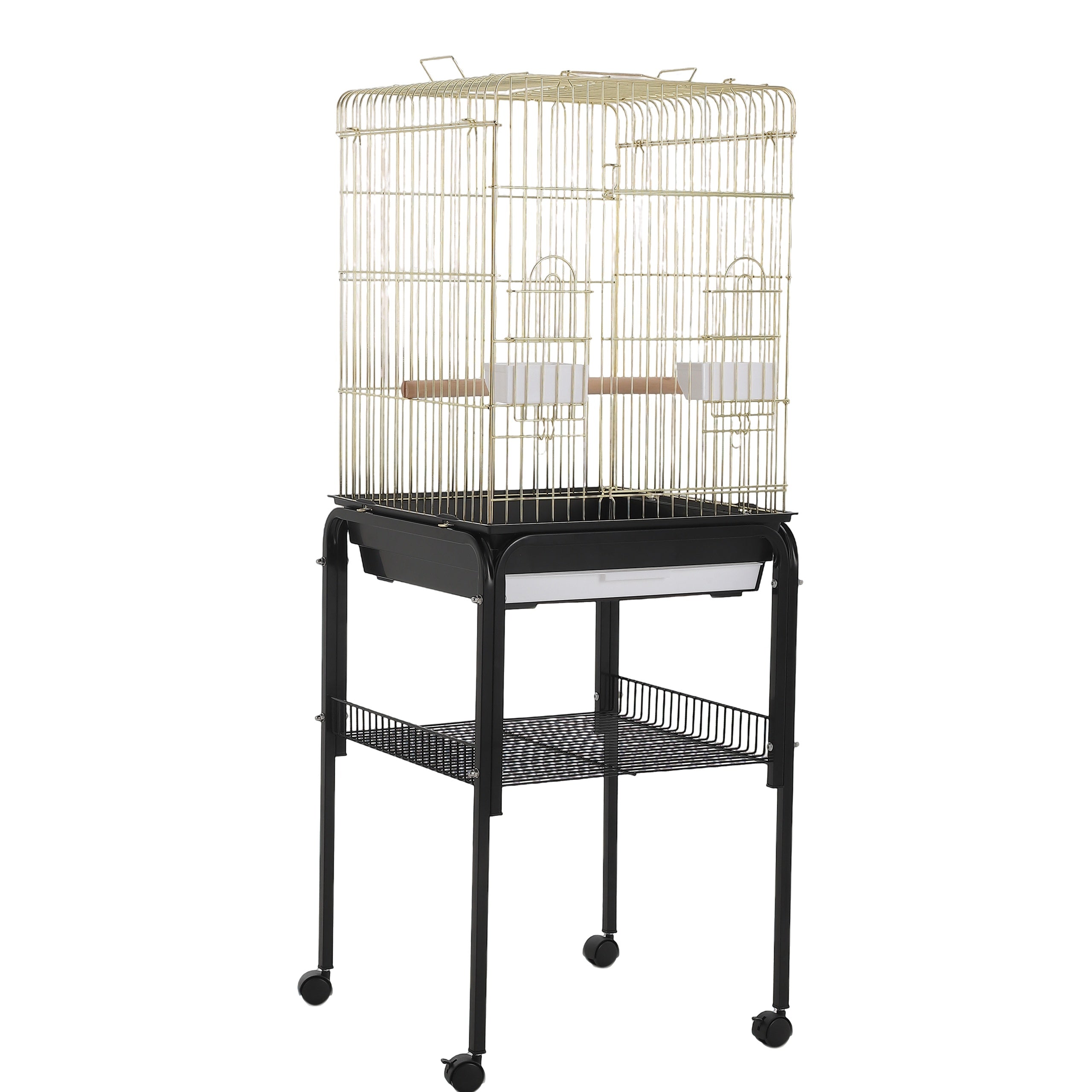Garvee Large Open-Top Bird Cage with Rolling Stand – Removable Tray, Extra Storage, Breakable Casters, Indoor/Outdoor Use – Black Frame Gold Cage Body, Model 1038+10#