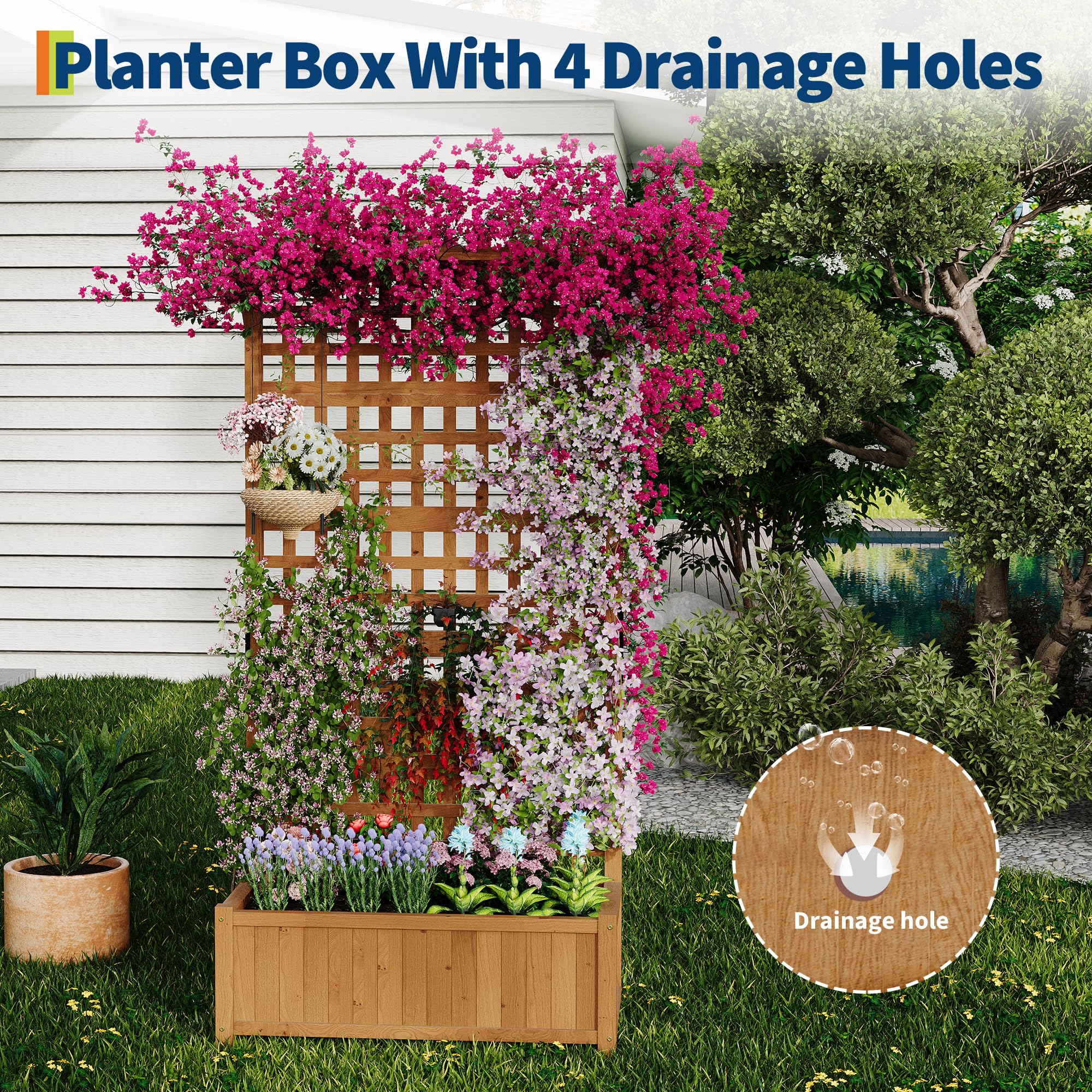 Garvee Raised Garden Bed with Trellis, 35.4" × 17.7" × 71.9" Fir Wood Planter Box with 33" × 17" Growing Bed, 4 Drainage Holes for Climbing Plants, Yellow