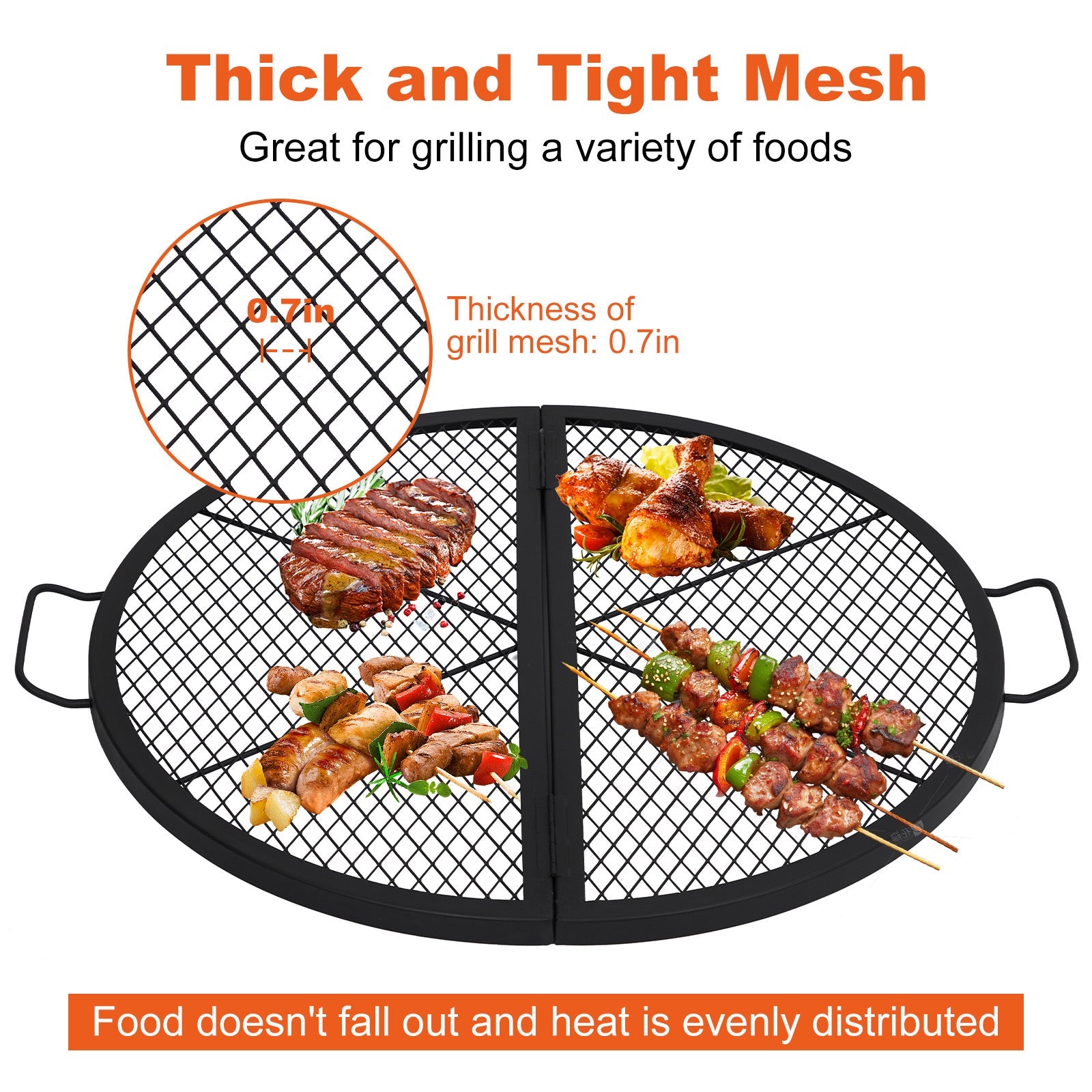 Garvee 30.5-inch Round Foldable Fire Pit Grate, 44lbs Load Capacity Heavy Duty Carbon Steel Grill Grate with Handles, 1112°F Heat Resistant Cooking Mesh for Outdoor Camping, Black