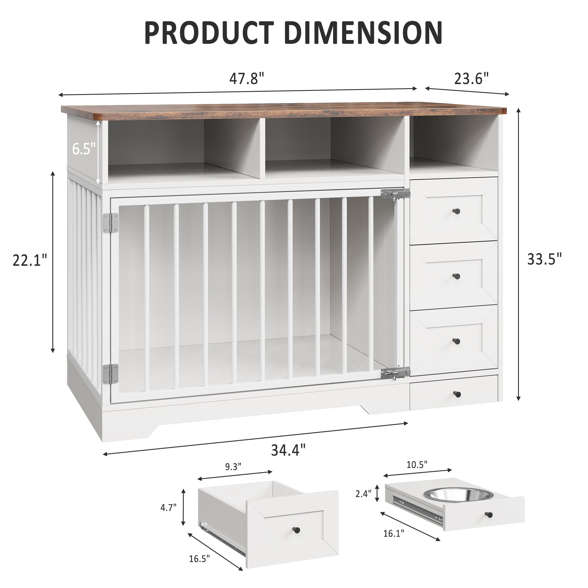 Garvee 48" Dog Crate Furniture with Bowls, Heavy Duty Dog Kennel End Table with 3 Storage Drawers, Locking Door, Farmhouse Style Pet Crate Cabinet for Medium Small Dogs, White