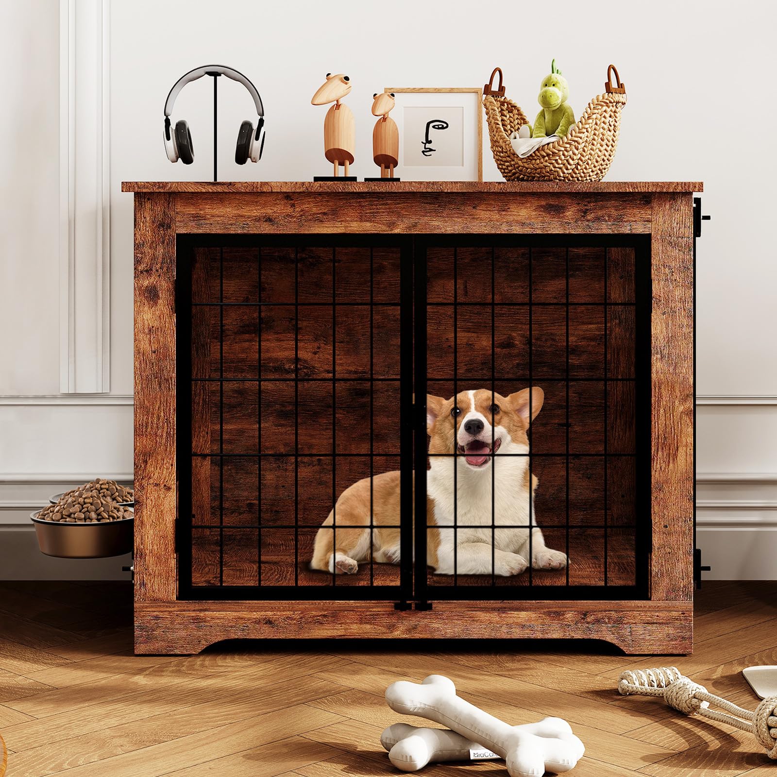 Garvee 32 in Heavy Duty Dog Crate Furniture Rustic Wooden Dog Cage Kennel Indoor Furniture with 2 Rotating Dog Bowls Chew-Resistant Dog Kennel for Small, Medium Dogs