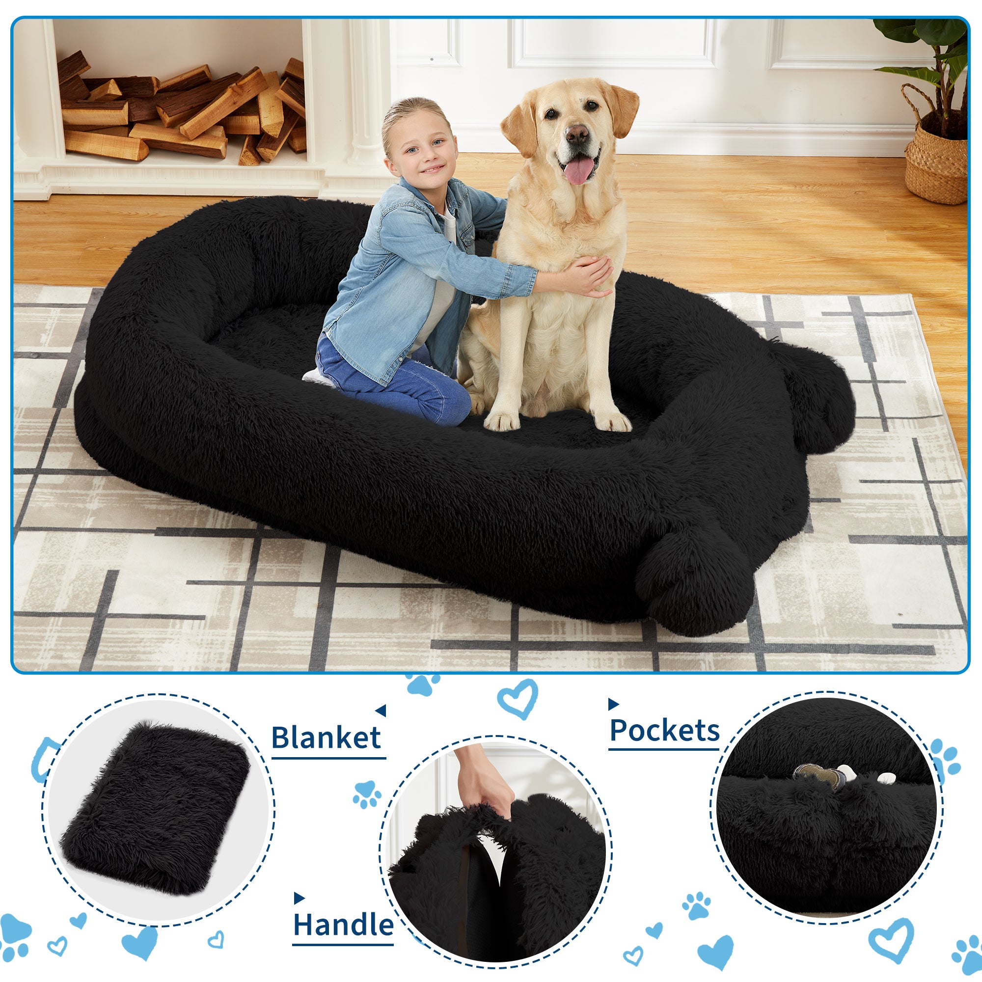 Garvee Human Dog Bed, 71 in x45 in x12 in Large Dog Bed with Blanket, Storage Pockets, Portable Handle, Removable Cover, Human Size Pet Bed for Adult, Black