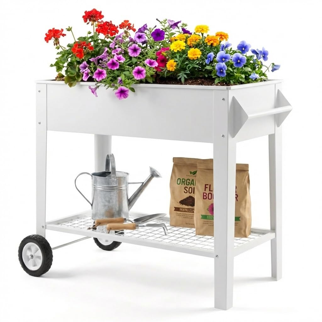 Garvee 40" x 32" x 15.3" Raised Garden Bed with Wheels & Storage Shelf, 400 lb Capacity Anti-Rust Steel Elevated Planter Box with Drainage Holes for Vegetables, Herbs, Flowers, Patio, Balcony & Backyard
