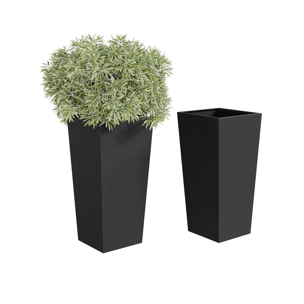 Garvee Set of 2 Heavy Duty 30-Inch Tall Black Metal Tapered Planters with Drainage Holes, Removable Insert Shelf, Weather-Resistant Outdoor Indoor Plant Pots for Patio, Garden, Deck & Entryway