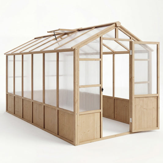 Garvee 6' x 12' Wooden Walk-In Greenhouse Kit, Outdoor Green House with Natural Spruce Wood Frame, Polycarbonate Panels, Ventilated Windows & Lockable Door for Garden, Backyard, Patio & Lawn