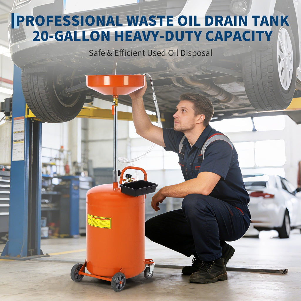 Garvee 20 Gallon Waste Oil Drain Tank with Adjustable Funnel, Air-Operated, Heavy-Duty Steel, Rust-Resistant, Portable with Casters, for Auto Repair Shops