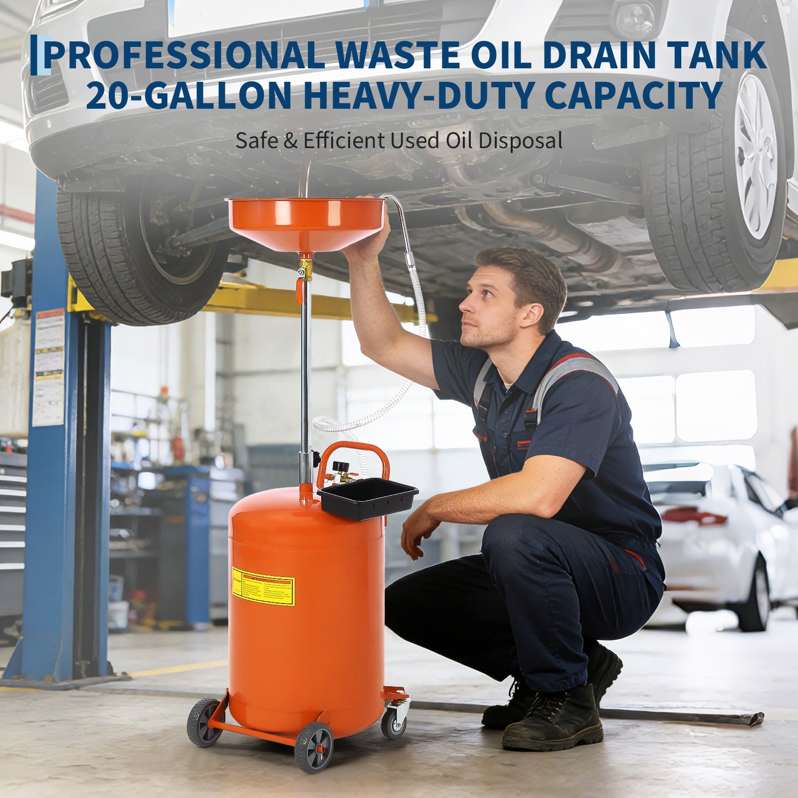 Garvee 20 Gallon Waste Oil Drain Tank with Adjustable Funnel, Air-Operated, Heavy-Duty Steel, Rust-Resistant, Portable with Casters, for Auto Repair Shops