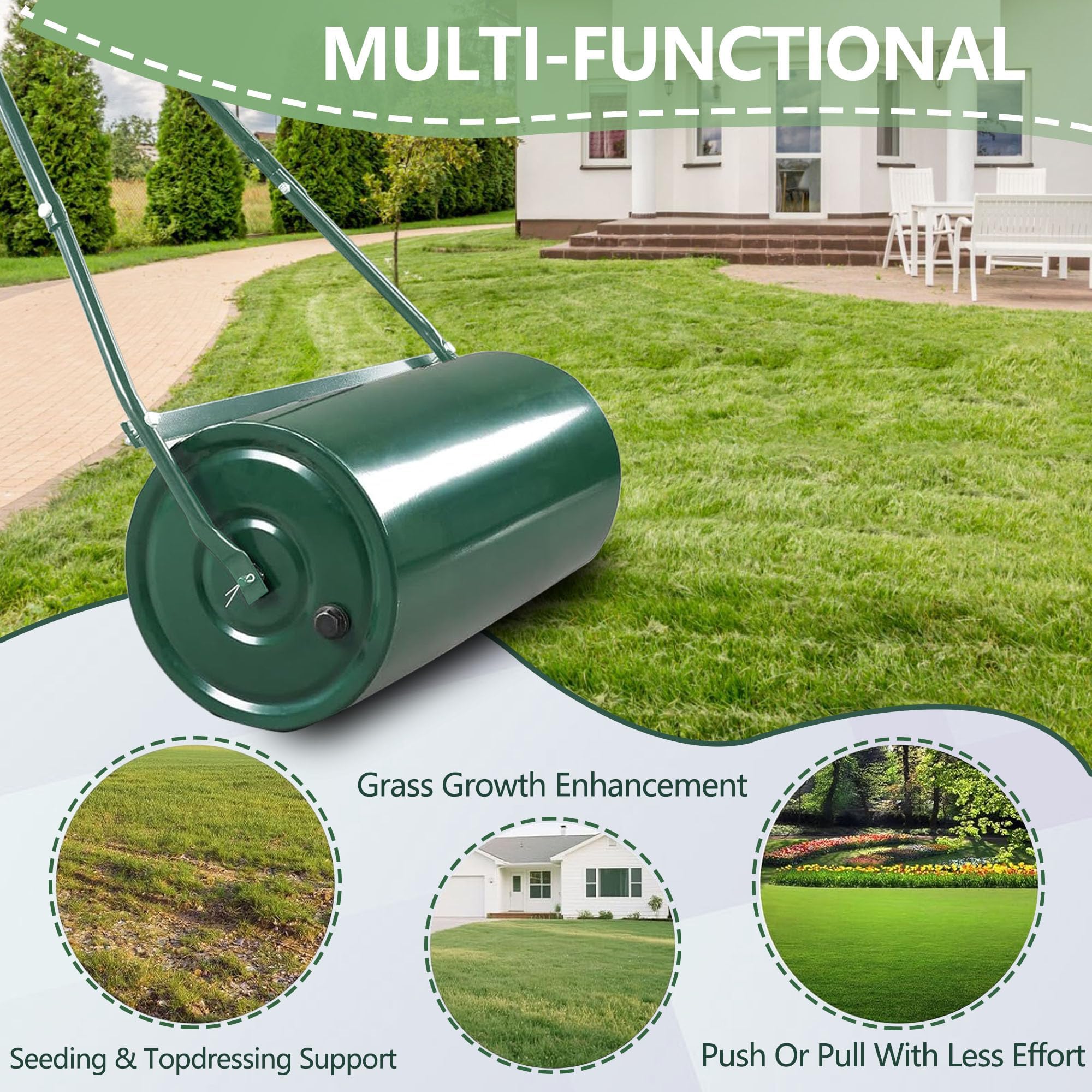 Garvee 9.5 Gallon Lawn Roller, Tow Behind & Push Steel Yard Roller for Lawn Leveling, Water/Sand Fill, U-Handle, Ideal for Seeding & Sod