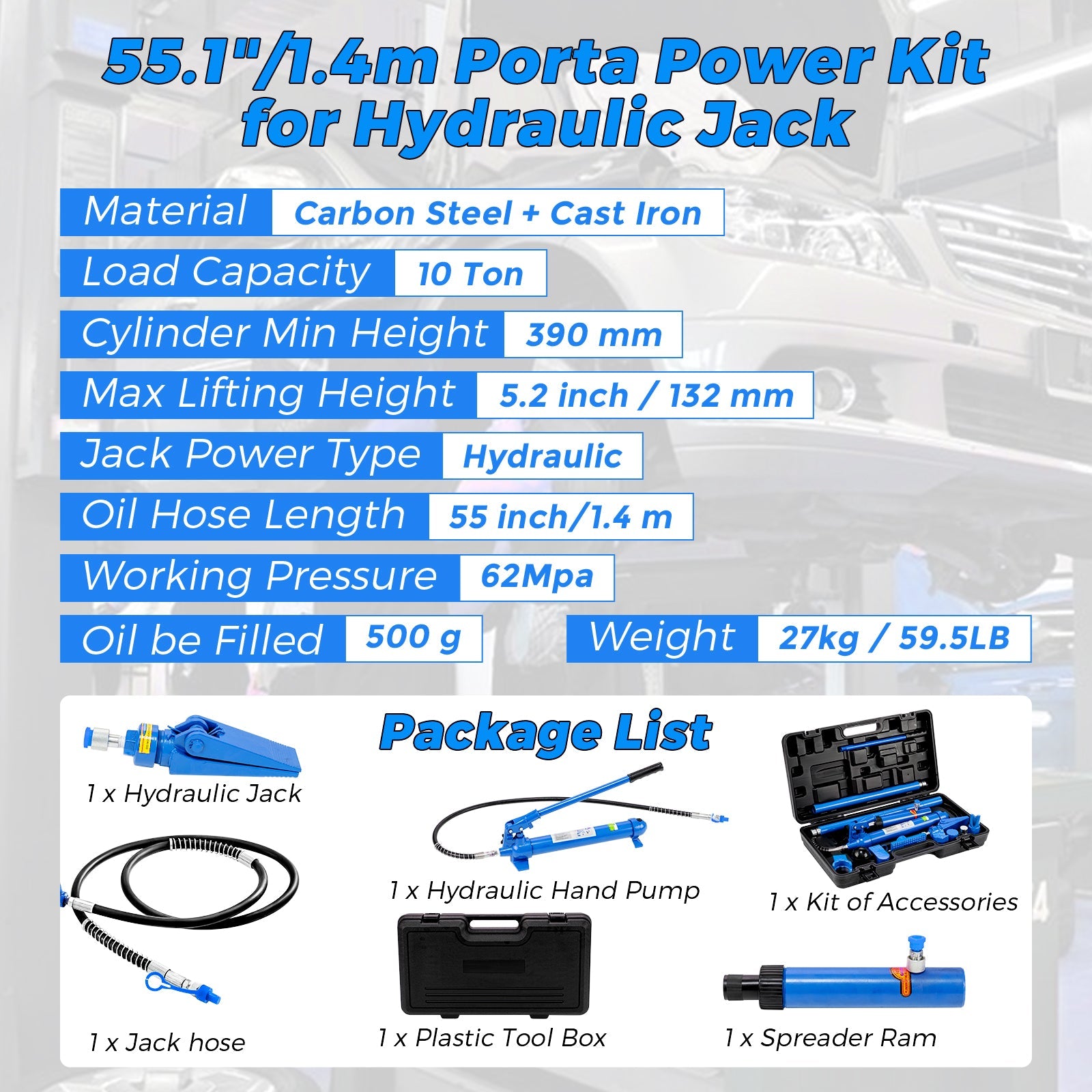 Garvee Porta Power Hydraulic Jack Kit, 12 Ton (26,455 lbs) Heavy-Duty Auto Body Frame Repair Tool with 4.6ft (1.4m) Oil Hose, Portable Ram Set, and Storage Case for Car, Truck, Garage Lifting, and Bending, Blue