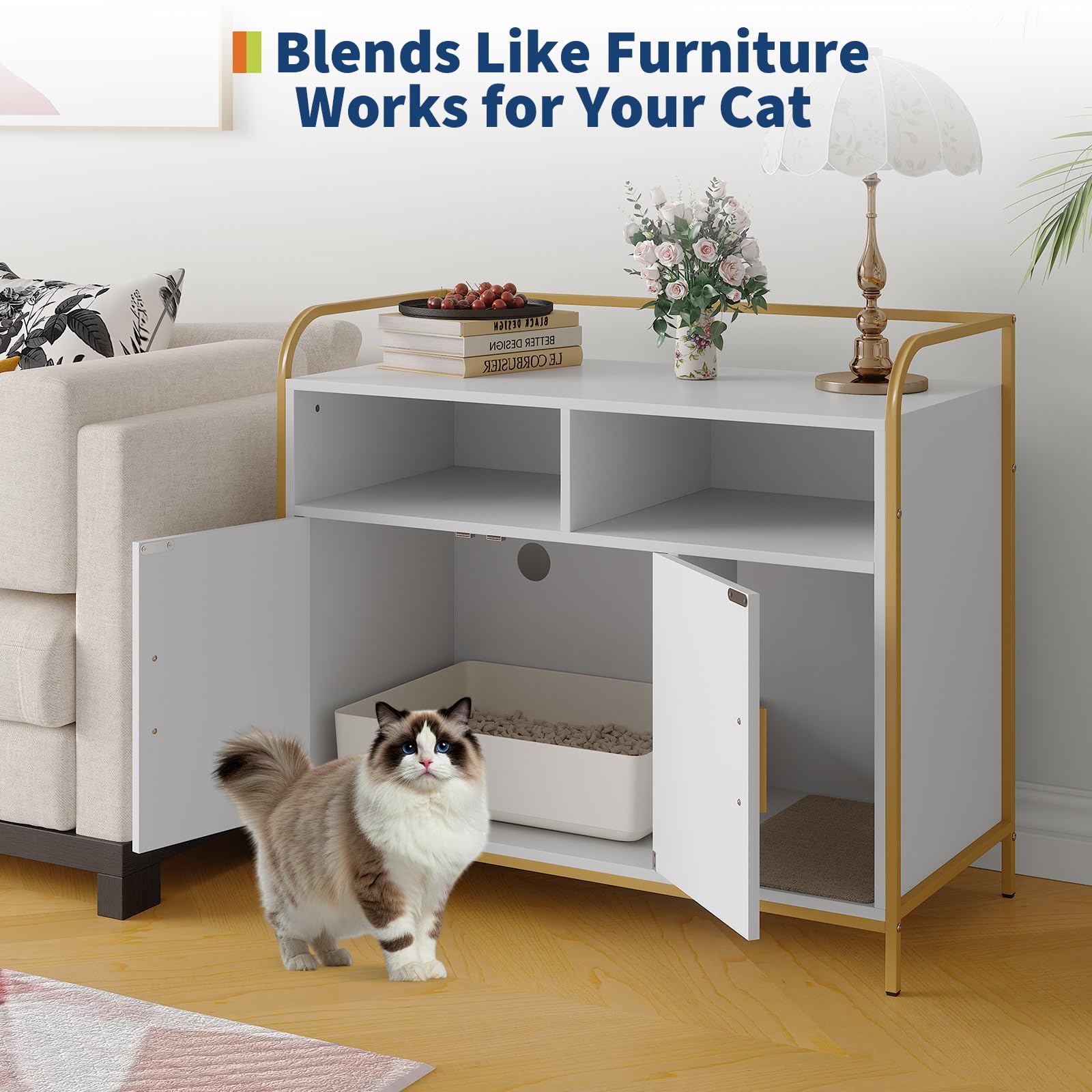 Garvee Cat Litter Box Enclosure, Wooden Cat Washroom Furniture with Barn Door, Storage Shelf and Top Display Shelf, Hidden Litter Box Cover, Dog Proof Feline Litter Boxes, Kitty House, Fits Most Litter Boxes, White