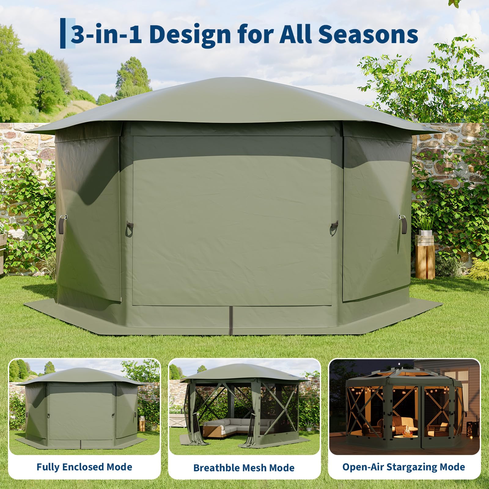Garvee 10' x 12' Pop Up Screen Tent, 6-Sided 300D Oxford Screen House with Removable Canopy, UPF 50 Waterproof Camping Gazebo, Army Green