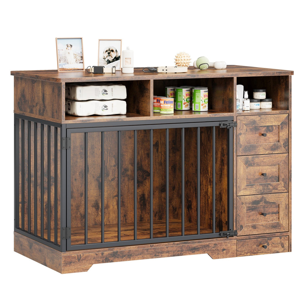 Garvee 48" Dog Crate Furniture with Bowls, Heavy Duty Dog Kennel End Table with 3 Storage Drawers, Locking Door, Farmhouse Style Pet Crate Cabinet for Medium Small Dogs, Retro Brown