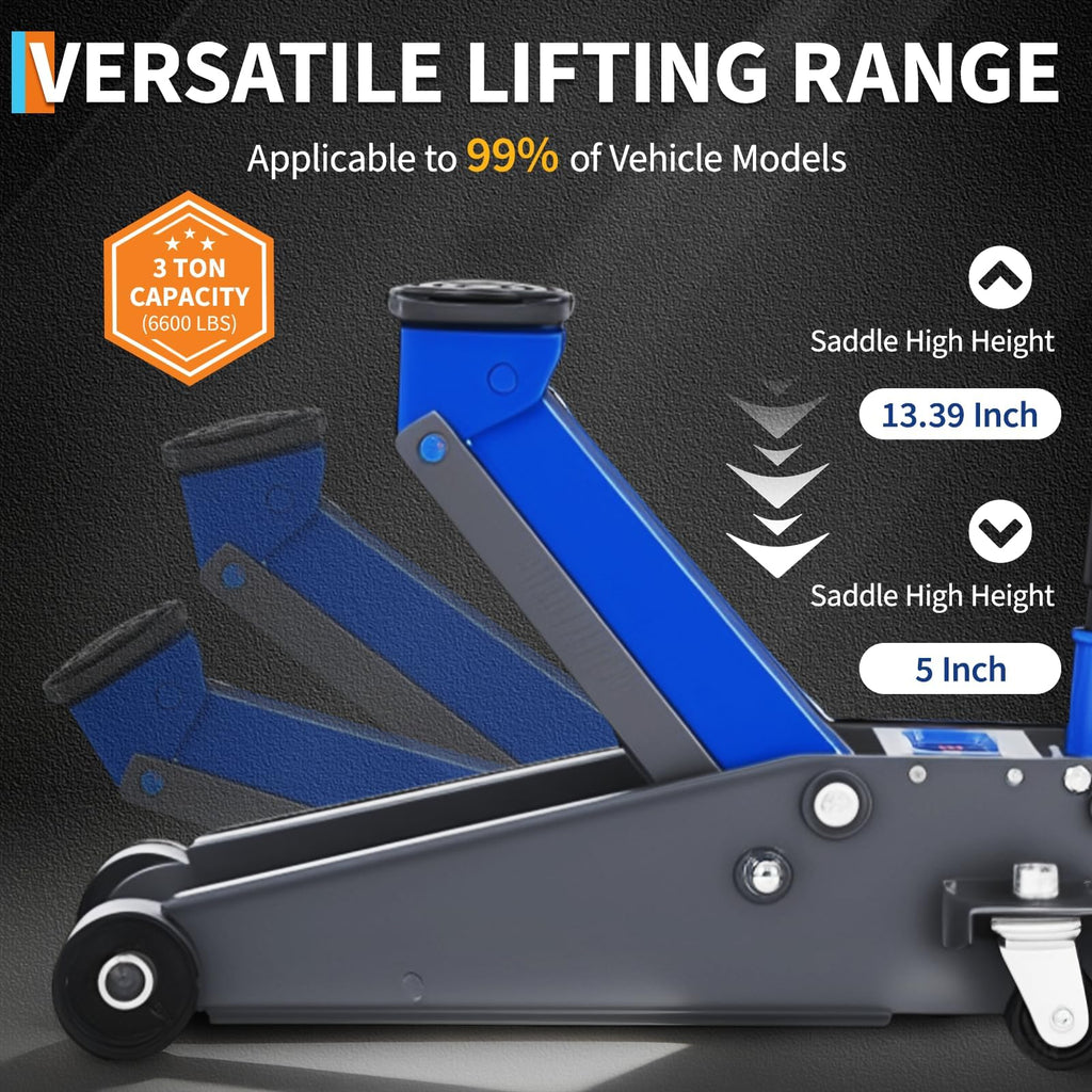 Garvee 3 Ton Low Profile Hydraulic Racing Floor Jack with Dual Piston Quick Lift Pump Heavy Duty Steel Overload Protection 5-13.39 Inch Car SUV Truck, Blue