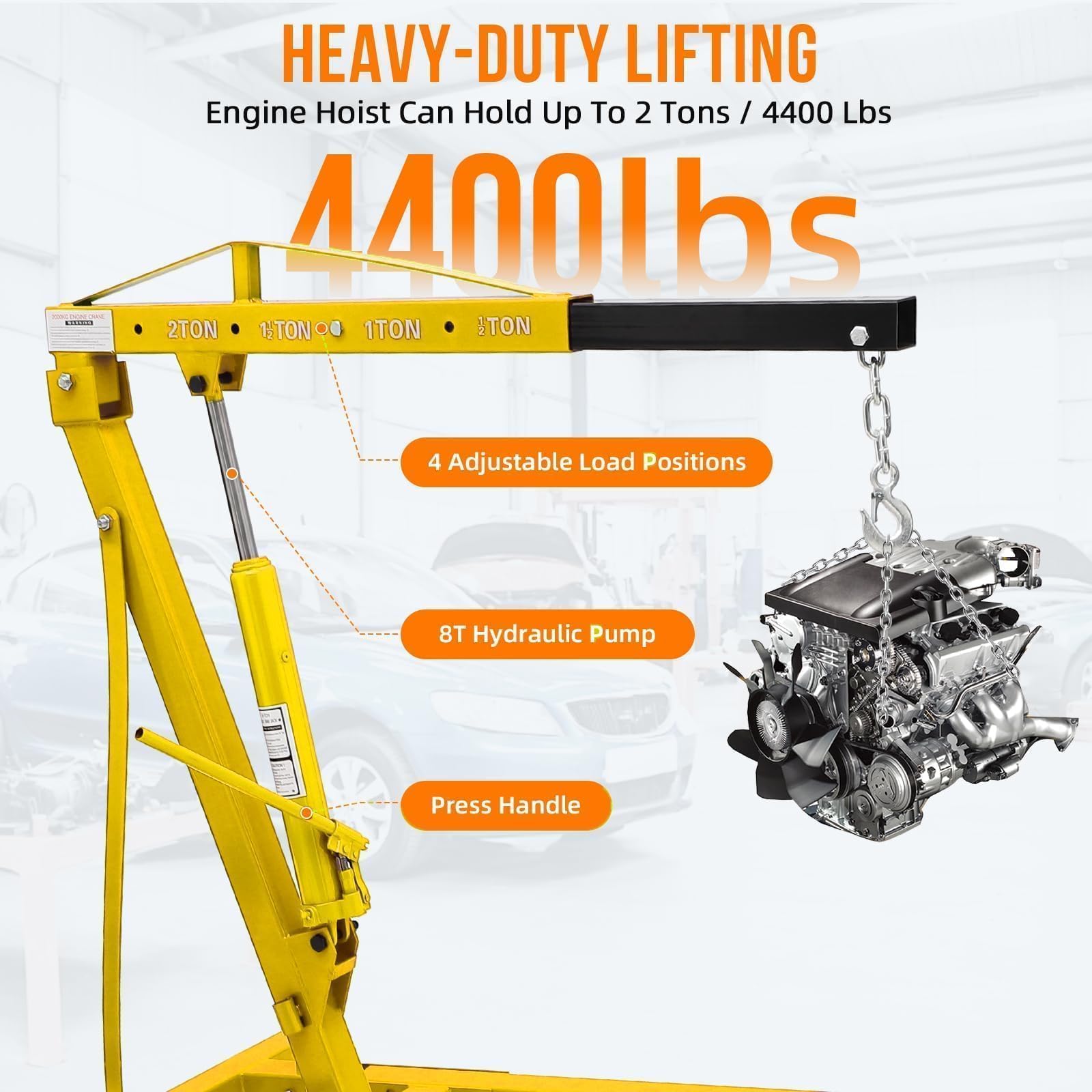 Garvee Heavy Duty Hydraulic Engine Hoist 2 Ton - Folding Cherry Picker Shop Crane - 4400 lbs Capacity, Telescopic Boom, 6 Caster Wheels - Automotive Garage Workshop Lift, Yellow without Load Distributor Unit, 2T
