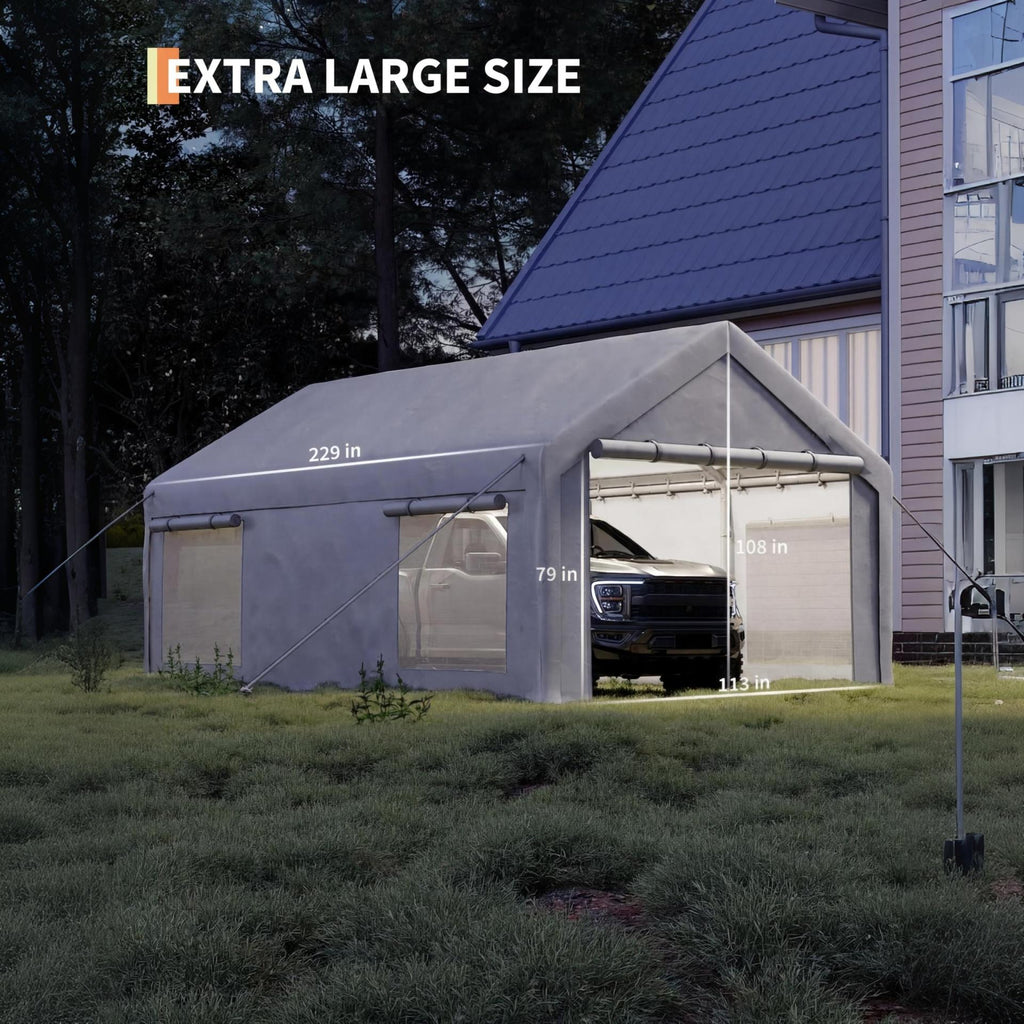 Garvee 10' × 20' Heavy-Duty Portable Garage, 200 GSM PE Carport Canopy with Reinforced Steel Frame, 2 Roll-Up Doors and 4 Windows, White