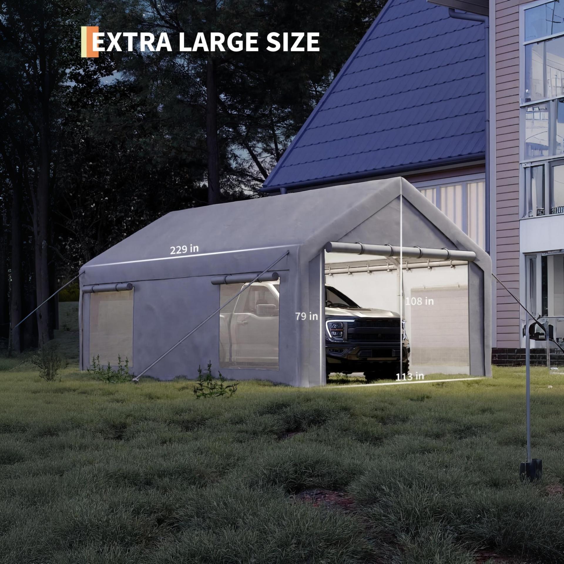 Garvee 10' × 20' Heavy-Duty Portable Garage, 200 GSM PE Carport Canopy with Reinforced Steel Frame, 2 Roll-Up Doors and 4 Windows, White