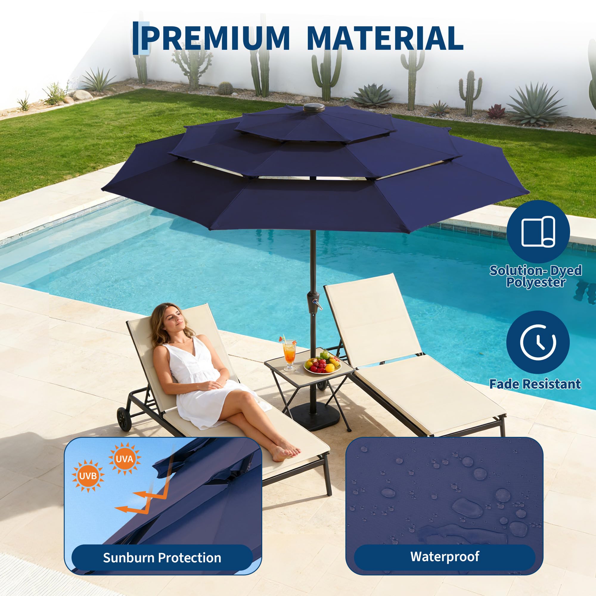 Garvee 10 FT Solar Patio Umbrella, 3-Tier Vented Canopy with 24 LED Lights, 8-Rib Steel Frame, Crank Tilt Outdoor Umbrella for Backyard, Pool & Deck, Blue