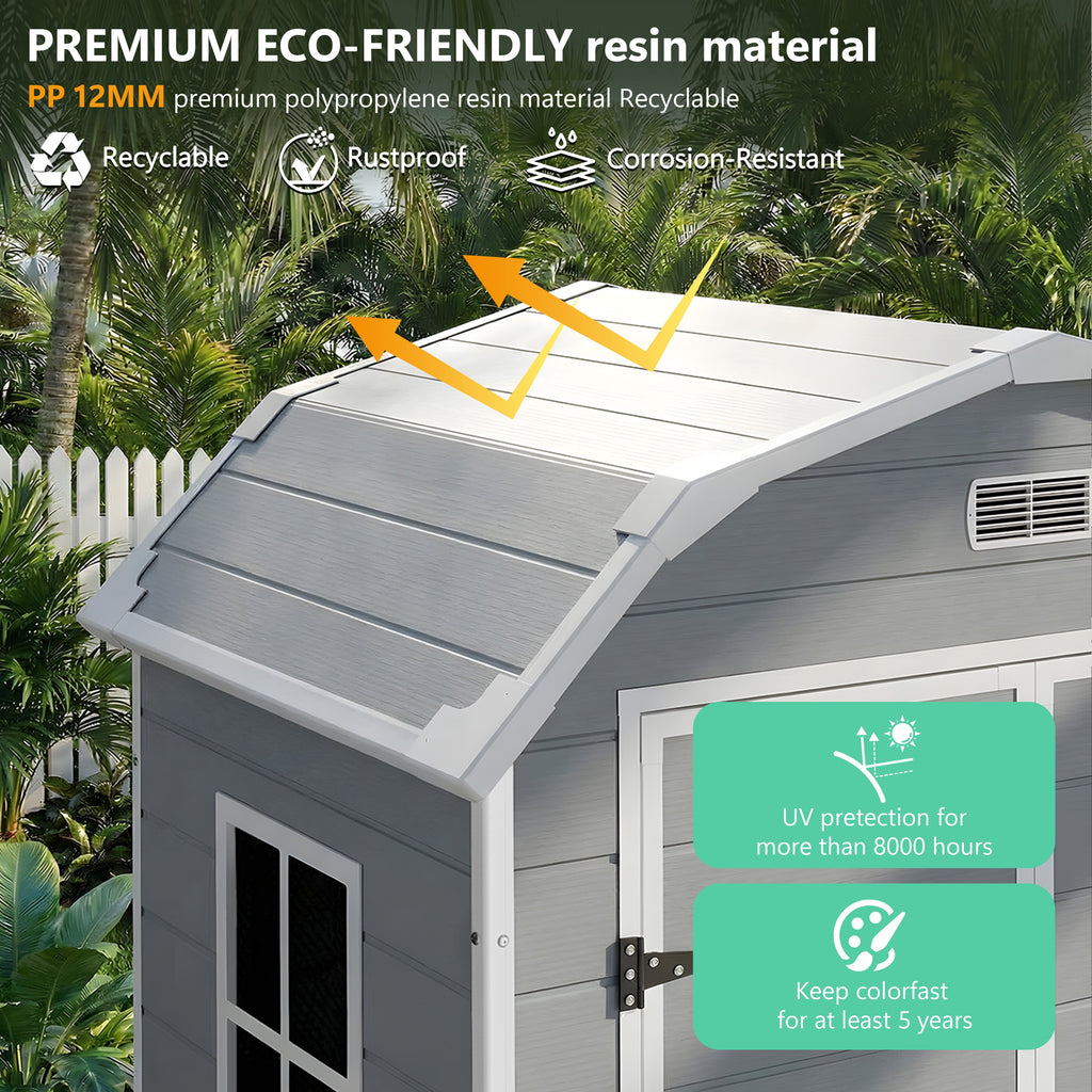 Garvee 6×4.5FT Resin Outdoor Storage Shed, Waterproof Garden Tool Shed with Floor, Window, Vents, Lockable Door & Ramp, UV-Resistant Patio Storage House for Backyard, Garden, Light Grey
