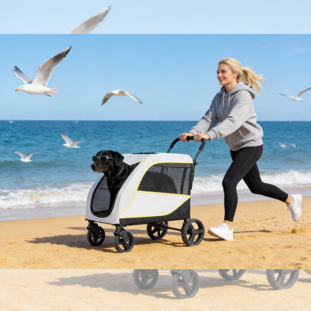 Garvee Large Dog Stroller for Large Dogs, 176 Lbs Capacity Pet Stroller with All-Terrain Wheels, Foldable Dual Entry Pet Wagon, Breathable Mesh, Full Canopy, Easy-Fold, Storage Basket, Weather Cover