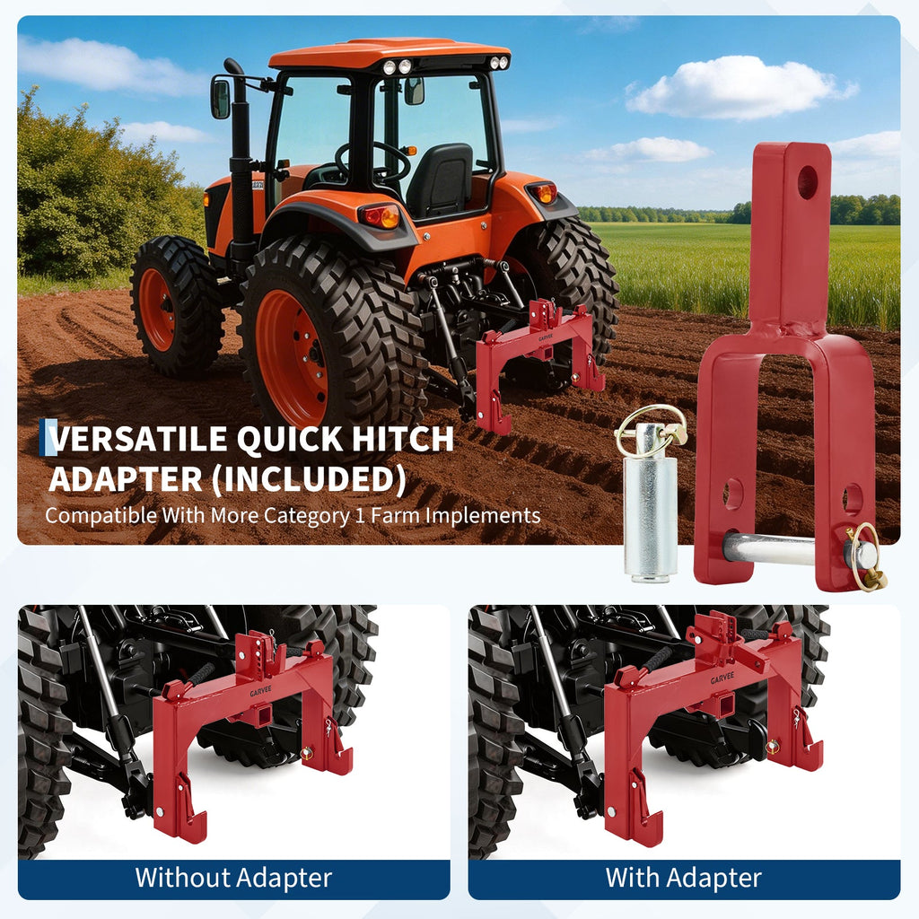 Garvee Heavy-Duty 3-Point Quick Hitch Adapter with 2" Receiver – Reinforced Rib – 3000 lbs Lift – No Bushing Needed – 5-Level Adjustable Bolt – Category 1 Tractor Attachment – Durable Metal – Red Powder Coated Finish