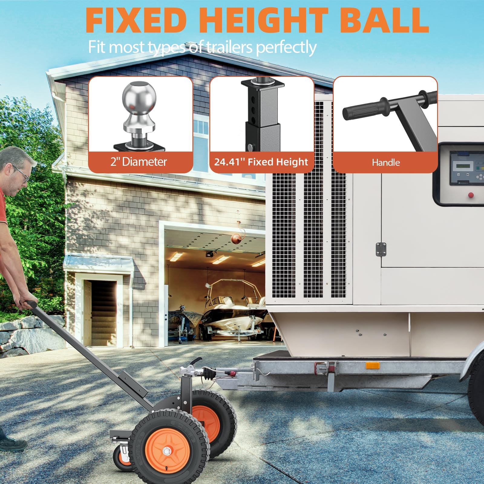 Garvee 1500 lbs Heavy Duty 2-in-1 Adjustable Height Trailer Dolly - Carbon Steel Construction - 2" Hitch Ball & 16" Pneumatic Tires - Ideal for RV, Boat, Camper, Utility Trailer Positioning & Launching - Color: Black + Orange
