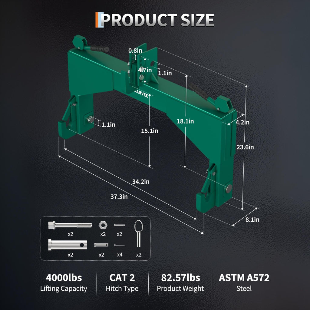 Garvee Heavy Duty 4000lbs 3-Point Quick Hitch for Category 2 Tractors - 5-Level Adjustable Bolt - Compatible with Cat 2 Implements - Agricultural & Engineering Accessory - Green