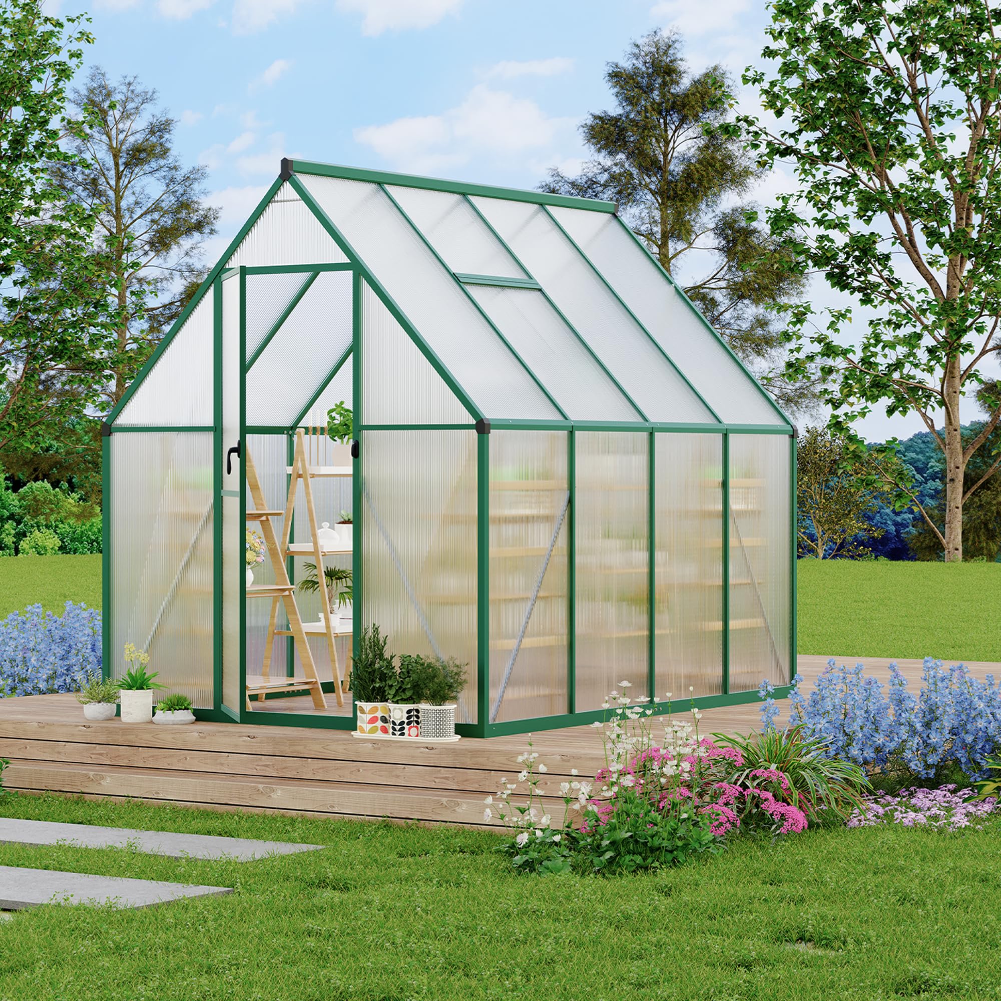 Garvee 6 × 7 FT Polycarbonate Greenhouse, Walk-In Outdoor Plant House with 4 mm Twin-Wall Panels, Aluminum Frame, Lockable Sliding Door, Roof Vent and Rain Gutters, Green