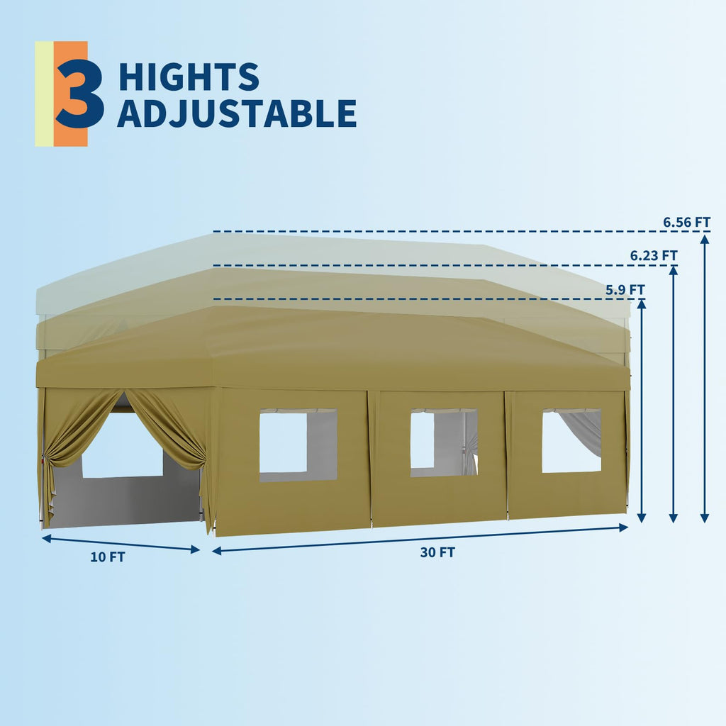 Garvee 10 x 30 FT Pop Up Canopy Tent with 8 Sidewalls, UV 50+ 210D Oxford Top, 8 Sandbags & Wheeled Bag for Weddings and Parties, Khaki