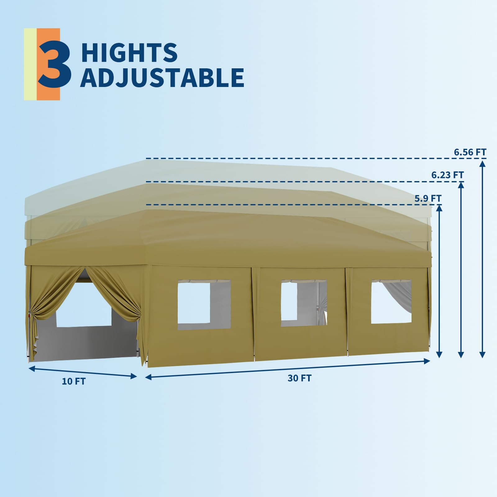 Garvee 10 x 30 FT Pop Up Canopy Tent with 8 Sidewalls, UV 50+ 210D Oxford Top, 8 Sandbags & Wheeled Bag for Weddings and Parties, Khaki