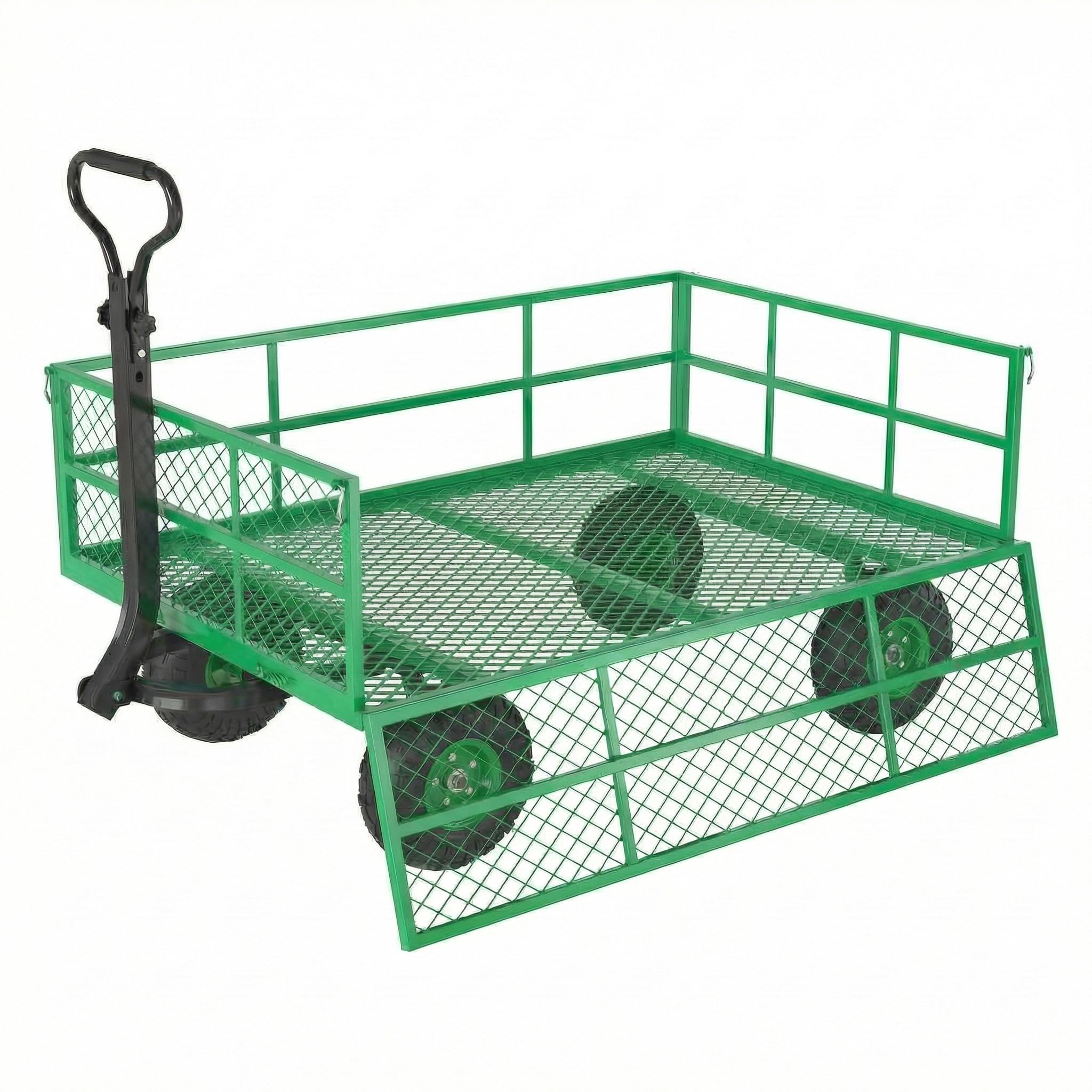 Garvee Steel Garden Cart, 1200 lbs Capacity Utility Wagon with 13-Inch Wheels, Removable Mesh Sides and 2-in-1 Pull Handle for Yard and Lawn Work, Green
