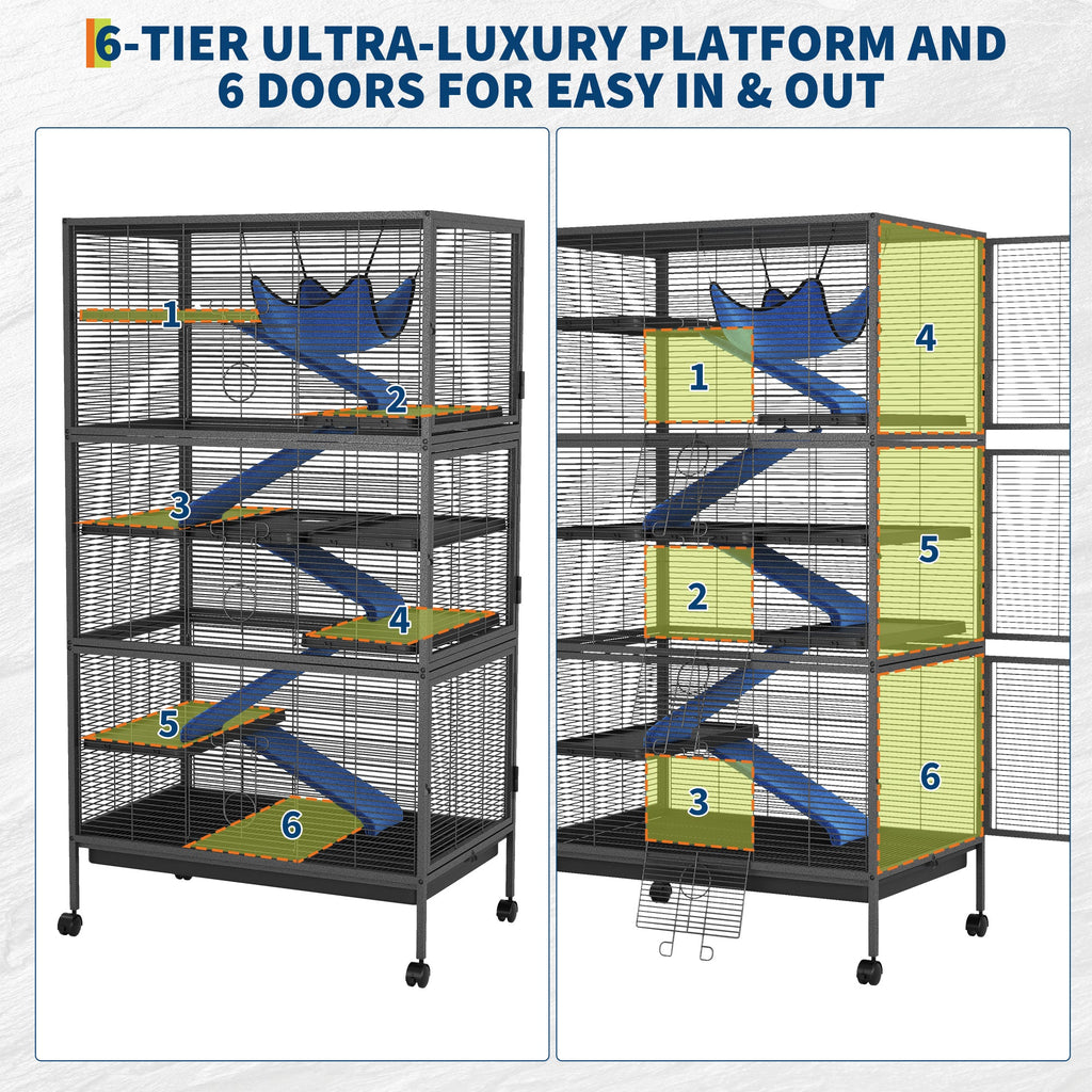Garvee Spacious 6-Tier Metal Small Animal Cage - Lockable Double Doors, Fleece Ramps, Hammock, Rolling Wheels - Heavy-Duty Enclosure for Ferrets, Chinchillas, Guinea Pigs, Rabbits, Small Pets - Black